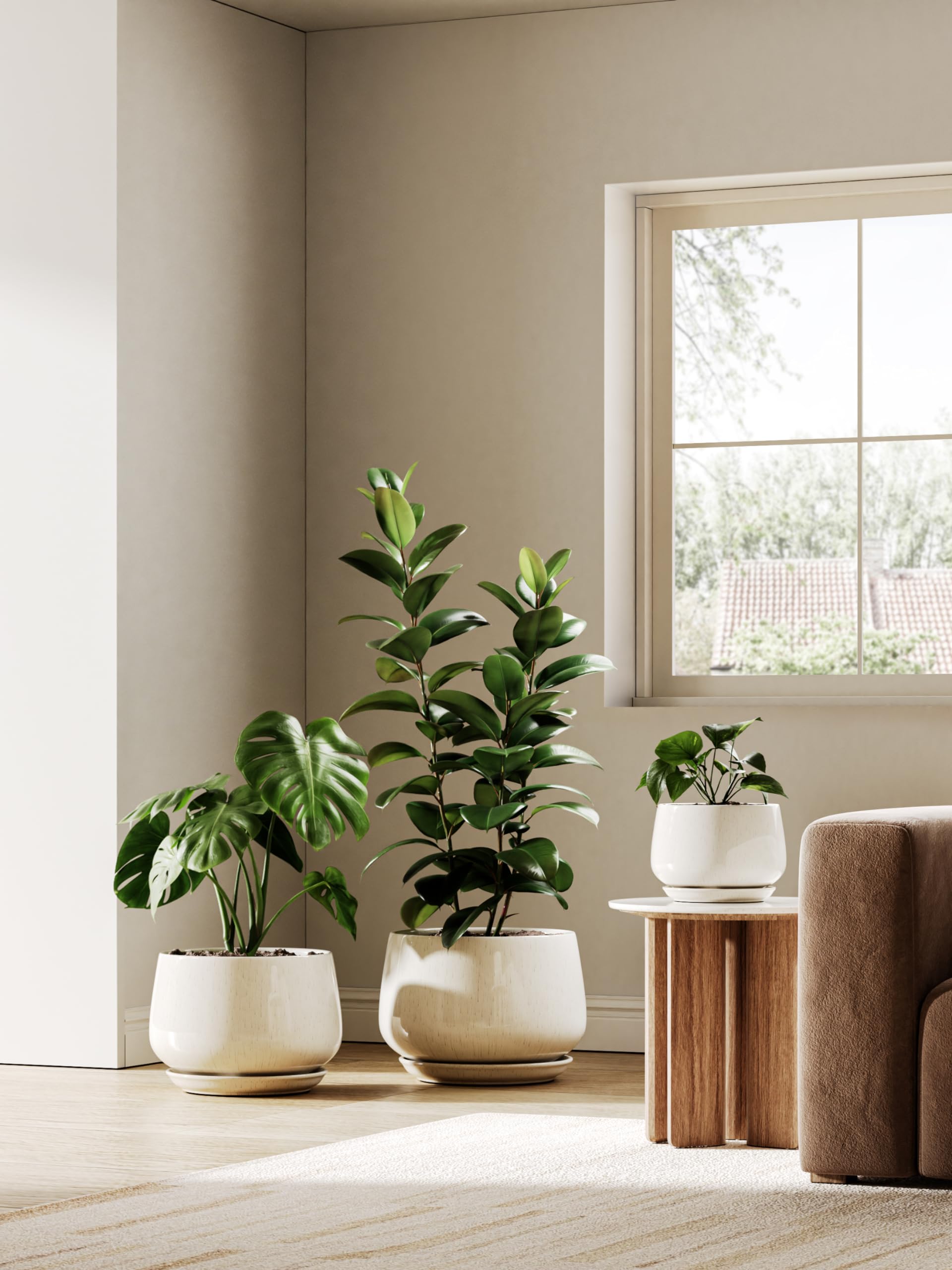 10 Inch Ceramic Planter with Drainage Hole & Saucer – Reactive Glaze Beige Indoor Plant Pot for Modern Home Decor