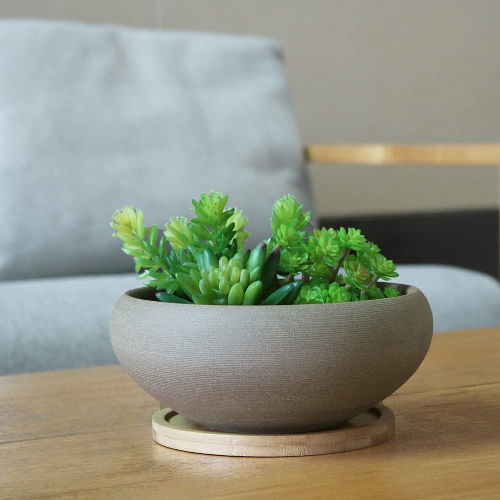 8 Inch Round Unglazed Ceramic Bonsai Pot with Bamboo Tray, Large Rough Pottery Succulent Planter with Drainage Hole