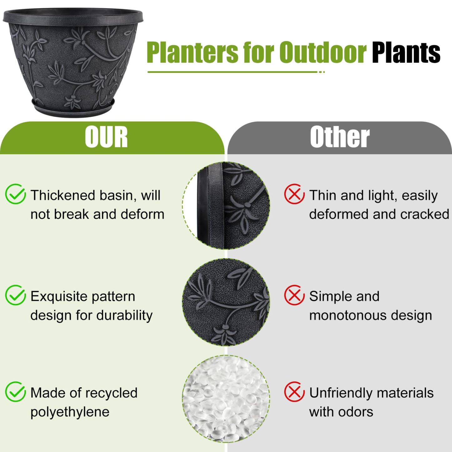 4 Pack 10 Inch Gray Imitation Magnolia Plant Pots, Lightweight Plastic Resin Flower Pots with Drainage Hole & Saucer for Indoor Outdoor Garden Home