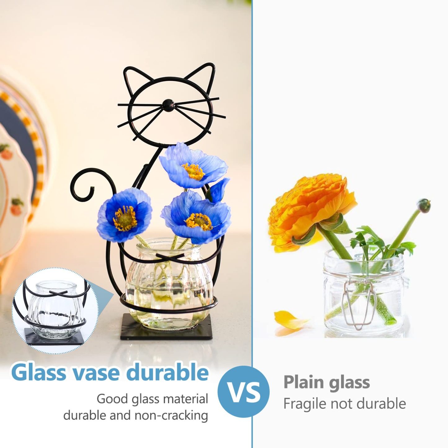 Metal Cat Desktop Glass Planter Vase Holder, Creative Plant Terrarium Stand for Home Patio Lawn Garden Decor