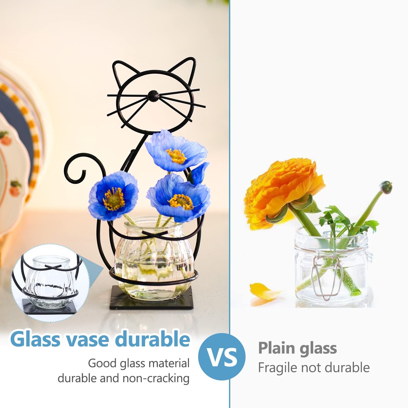Metal Cat Desktop Glass Planter Vase Holder, Creative Plant Terrarium Stand for Home Patio Lawn Garden Decor