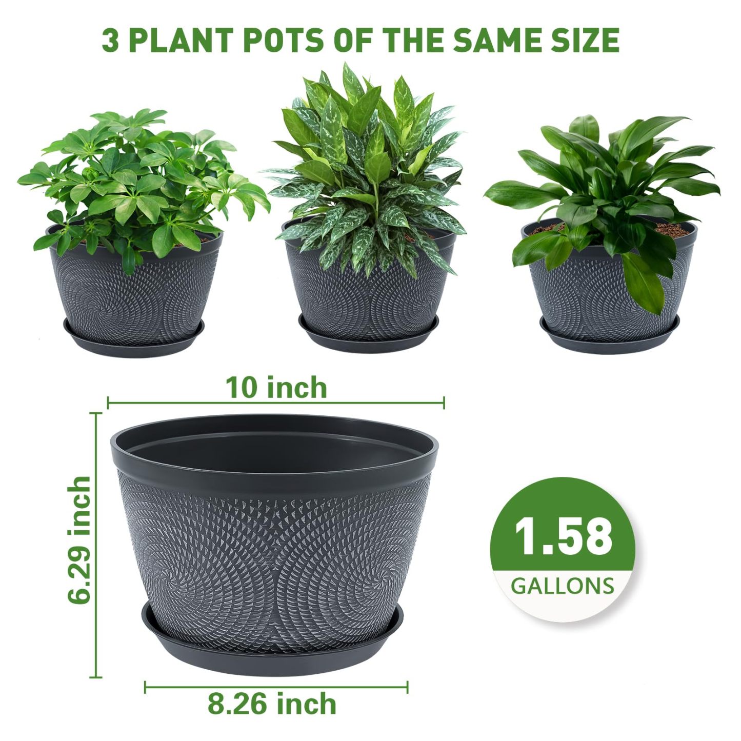 10 Inch Plastic Flower Pots 3 Pack, Indoor Outdoor Planters with Drainage Holes & Saucers, Modern Decorative Garden Plant Pots in Gray