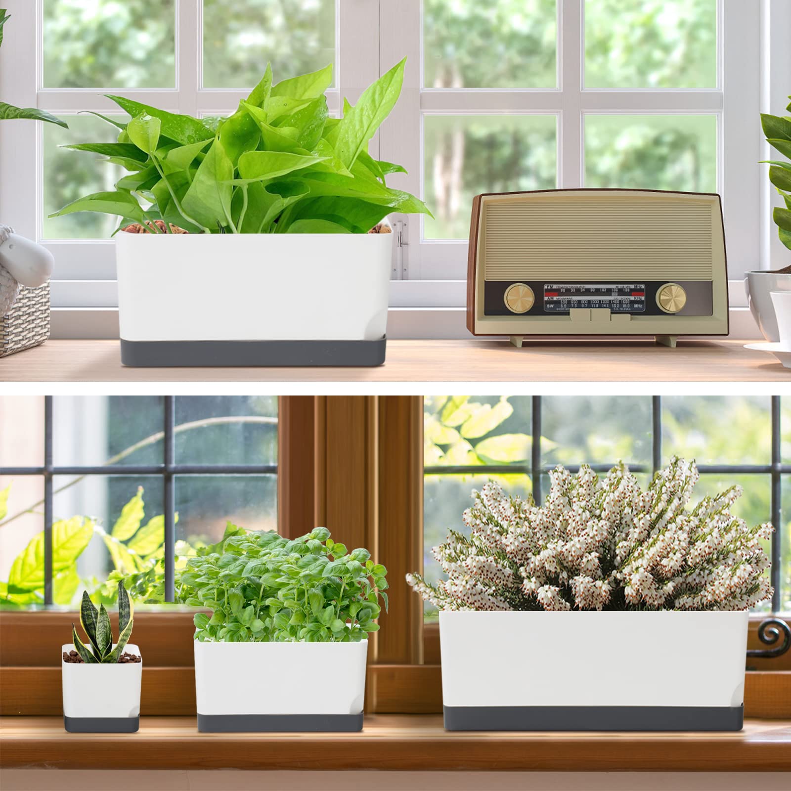 7-Pack Self-Watering Plastic Planters for Indoor Plants | 4+8+17 Inch Rectangular Window Boxes with Drainage Trays & Saucers