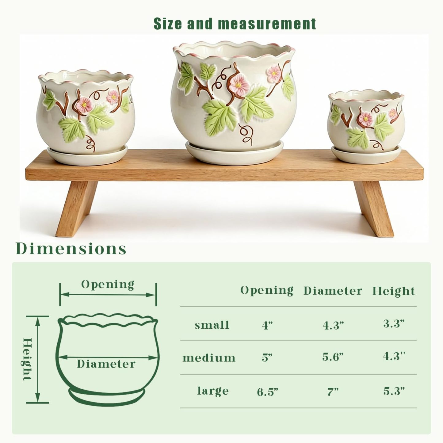 Set of 3 Vintage Ceramic Flower Pots, Round Retro Planters with Drainage Holes & Saucers, 6.7/5.2/3.9 Inch Plant Pots for Indoor Plants