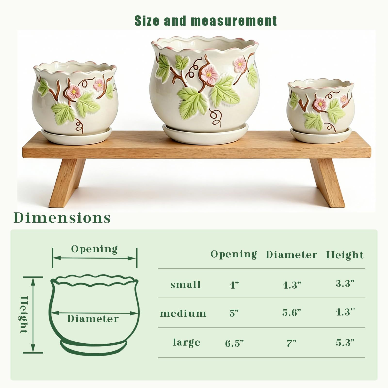Set of 3 Vintage Ceramic Flower Pots, Round Retro Planters with Drainage Holes & Saucers, 6.7/5.2/3.9 Inch Plant Pots for Indoor Plants