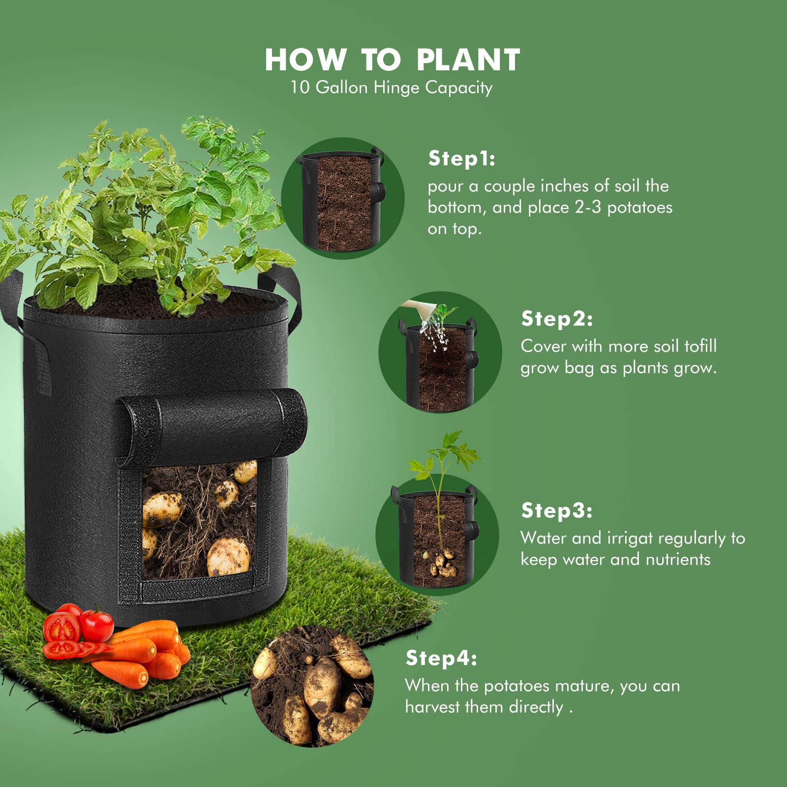5-Pack 10 Gallon Potato Grow Bags, Thickened Nonwoven Fabric Planting Pots with Reinforced Handles for Vegetables, Tomatoes & Fruits