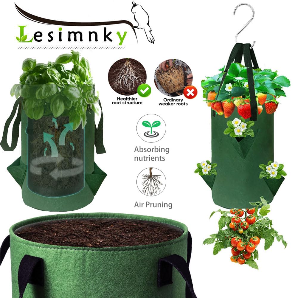 4 Pack Hanging Upside Down Strawberry Planters, 3 Gallon Grow Bags with 6 Planting Holes & 4 Hooks, Upside Down Hanging Planter Bags for Tomatoes & Vegetables (Dark Green)