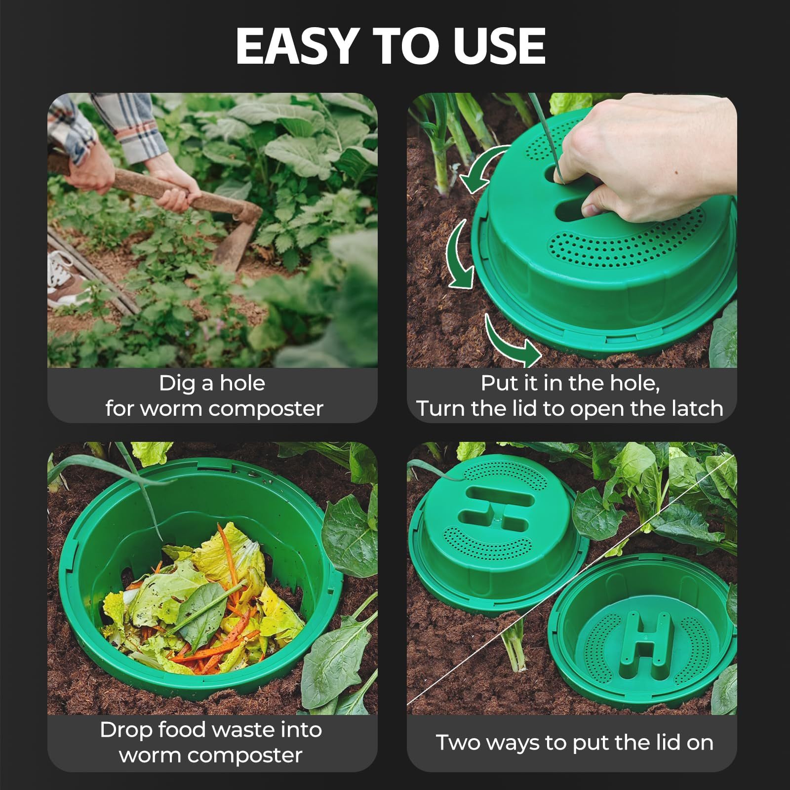 2-Pack 8L Inground Worm Composter, Outdoor Worm Farm for Garden Beds, Home Vermicomposting Bin for Beginners, Green (9.5x9.5x10.8 Inch)