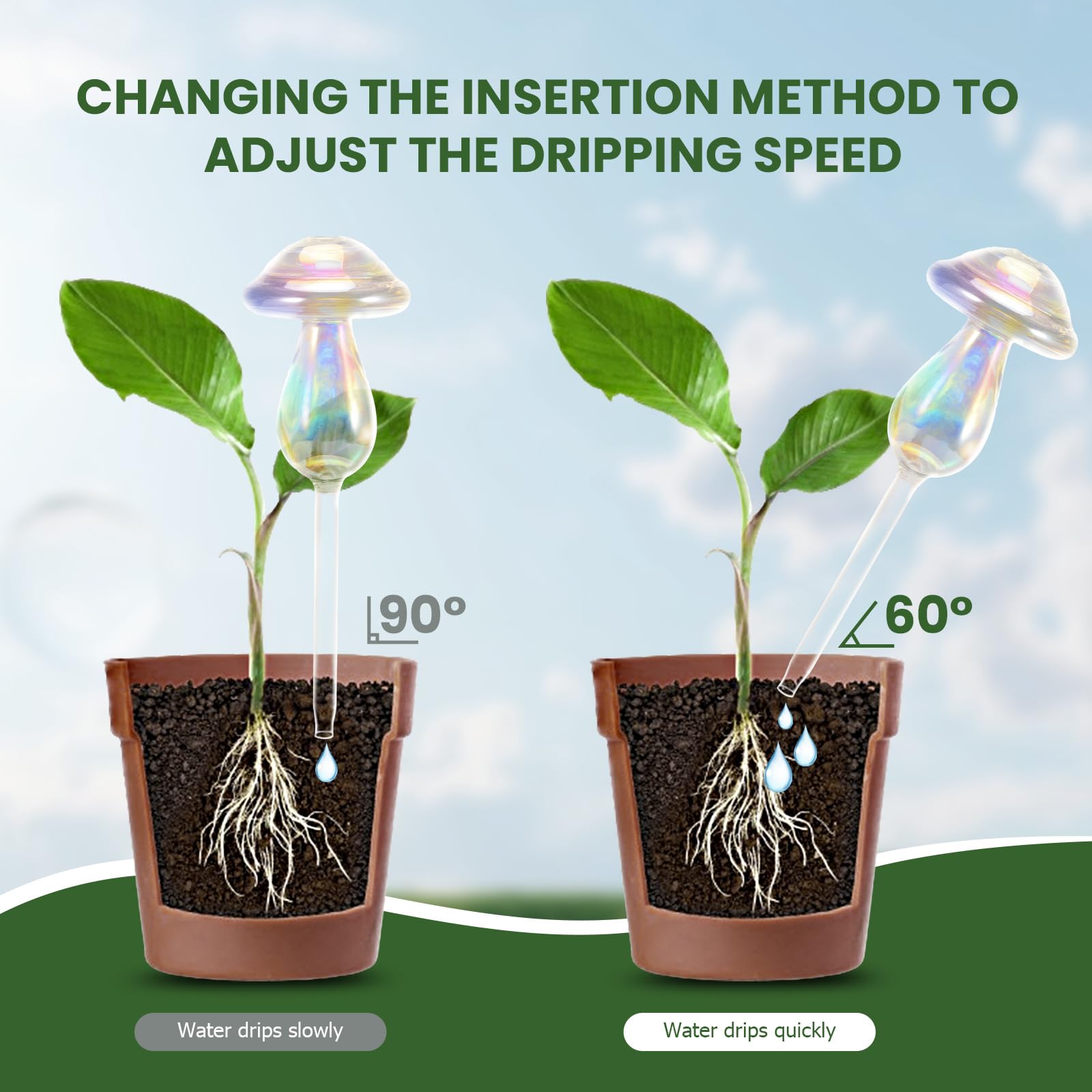 4Pcs Mushroom Shaped Glass Self Watering Globes, Top-Fill Plant Watering Bulbs, Automatic Watering Planter Inserts for Indoor Plants