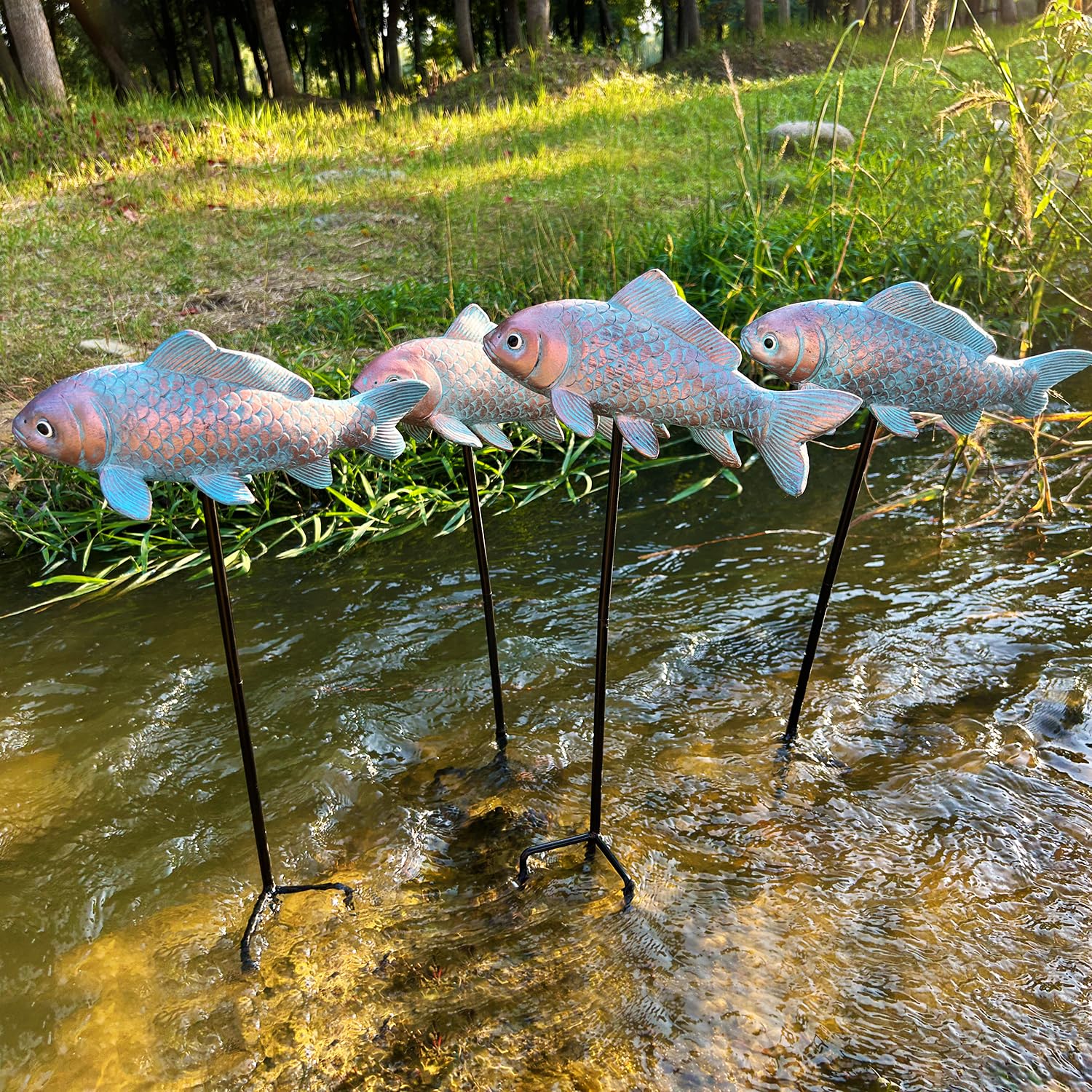 4PCS Antique Bronze Fish Garden Statue 