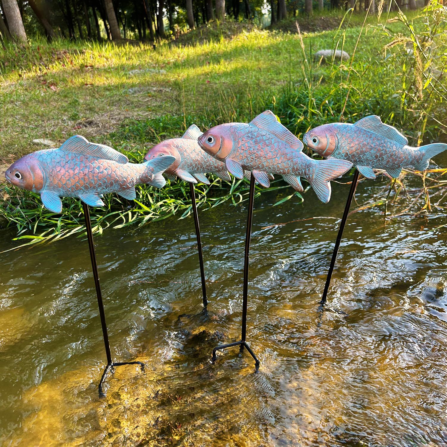 4PCS Antique Bronze Fish Garden Statue 