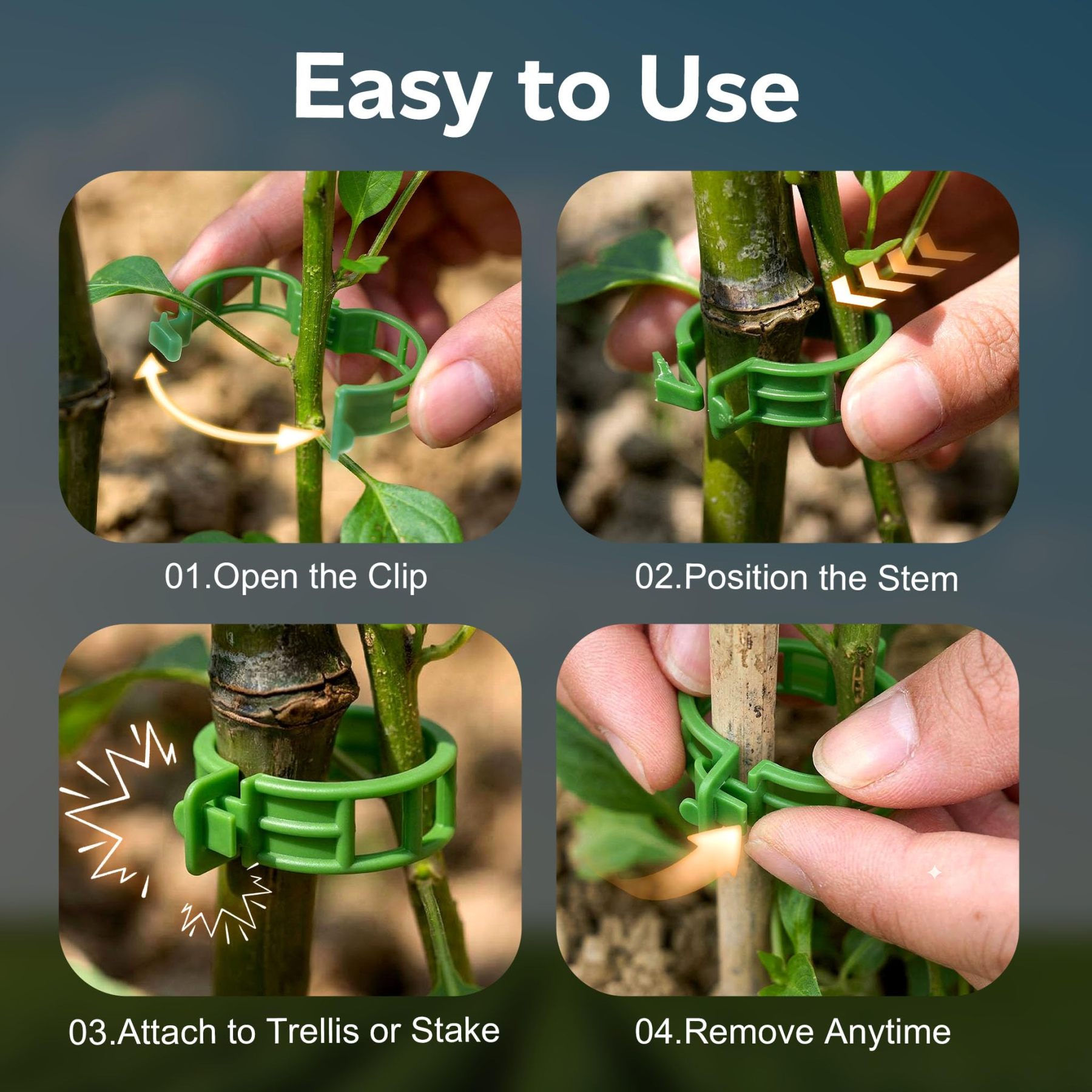 100 Pack Plastic Plant Support Clips, Reusable Garden Trellis Clips for Tomato, Grape Vines & Vegetable Plants Upright Growth