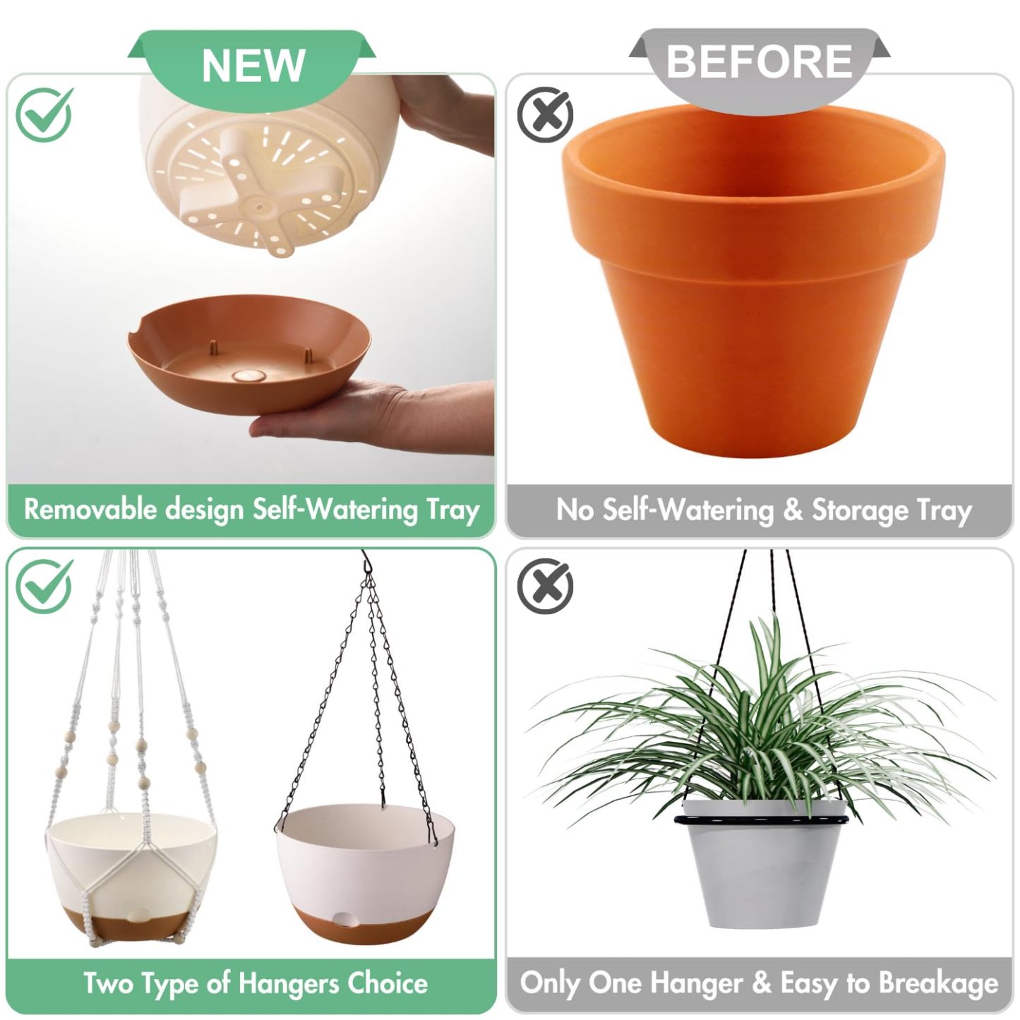 Set of 2 Pcs 10 Inch Self-Watering Hanging Planters, White Hanging Plant Pots with Drainage Hole, Outdoor Indoor Plant Baskets with 2 Types of Hangers