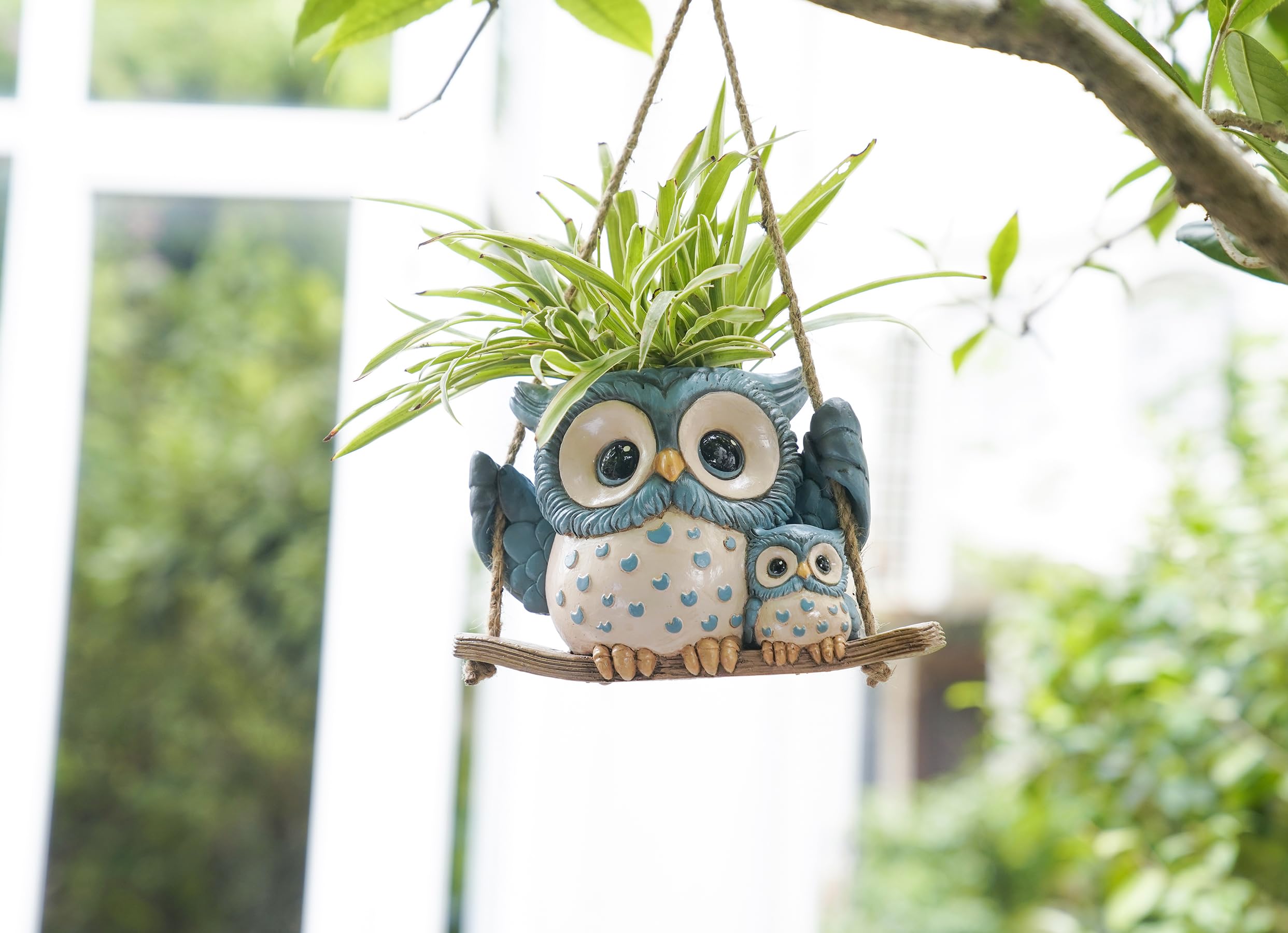 Cute Swing Owl Hanging Planters, Resin Hanging Plant Pots with Drainage Hole, Small Succulent Planter for Indoor Outdoor, Unique Plant Hanger for String of Pearls, Mother's Day Gift