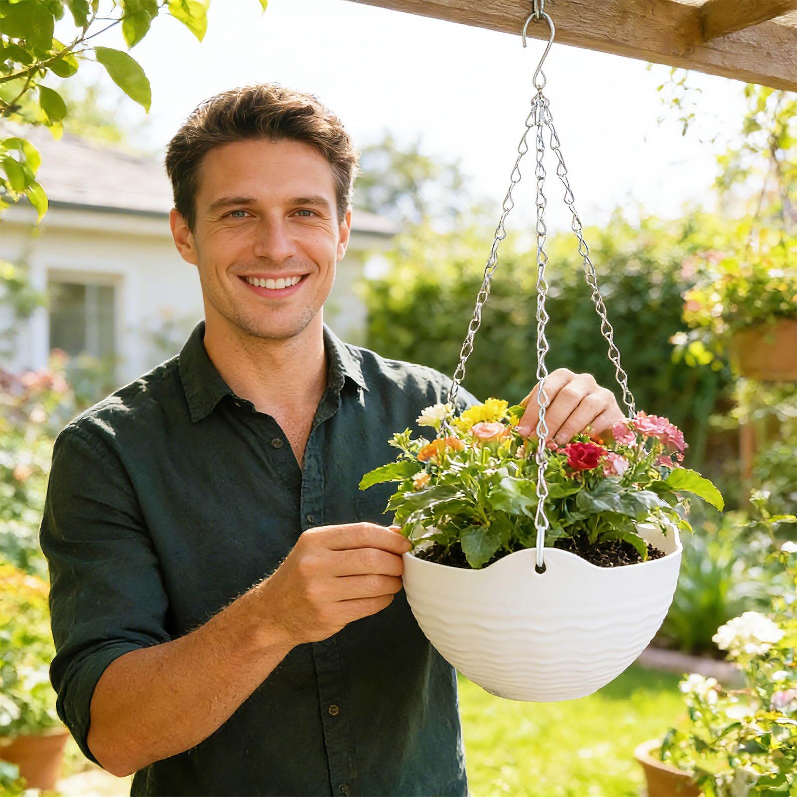 4 Pack 8 Inch White Hanging Planters, Self-Watering Round Plant Pots with Metal Chains & Water Tray, Indoor Outdoor Hanging Baskets for Garden Porch Wall Decor