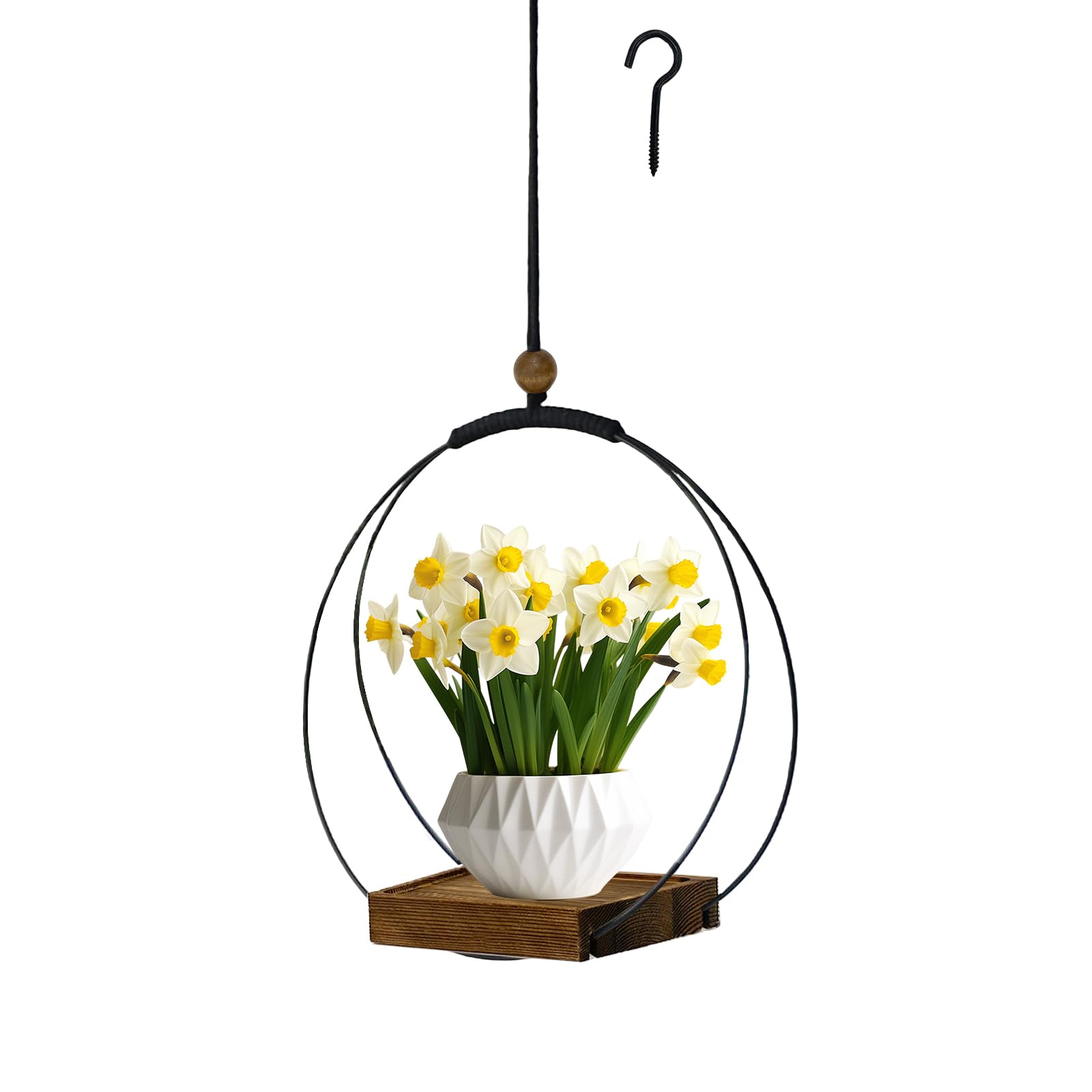 Modern Boho Macrame Plant Hanger, Black Indoor Hanging Planter with Sturdy Wood Base, Wall Ceiling Window Plant Holder for 3–5.5 Inch Pots, Home Decor, Pot Not Included