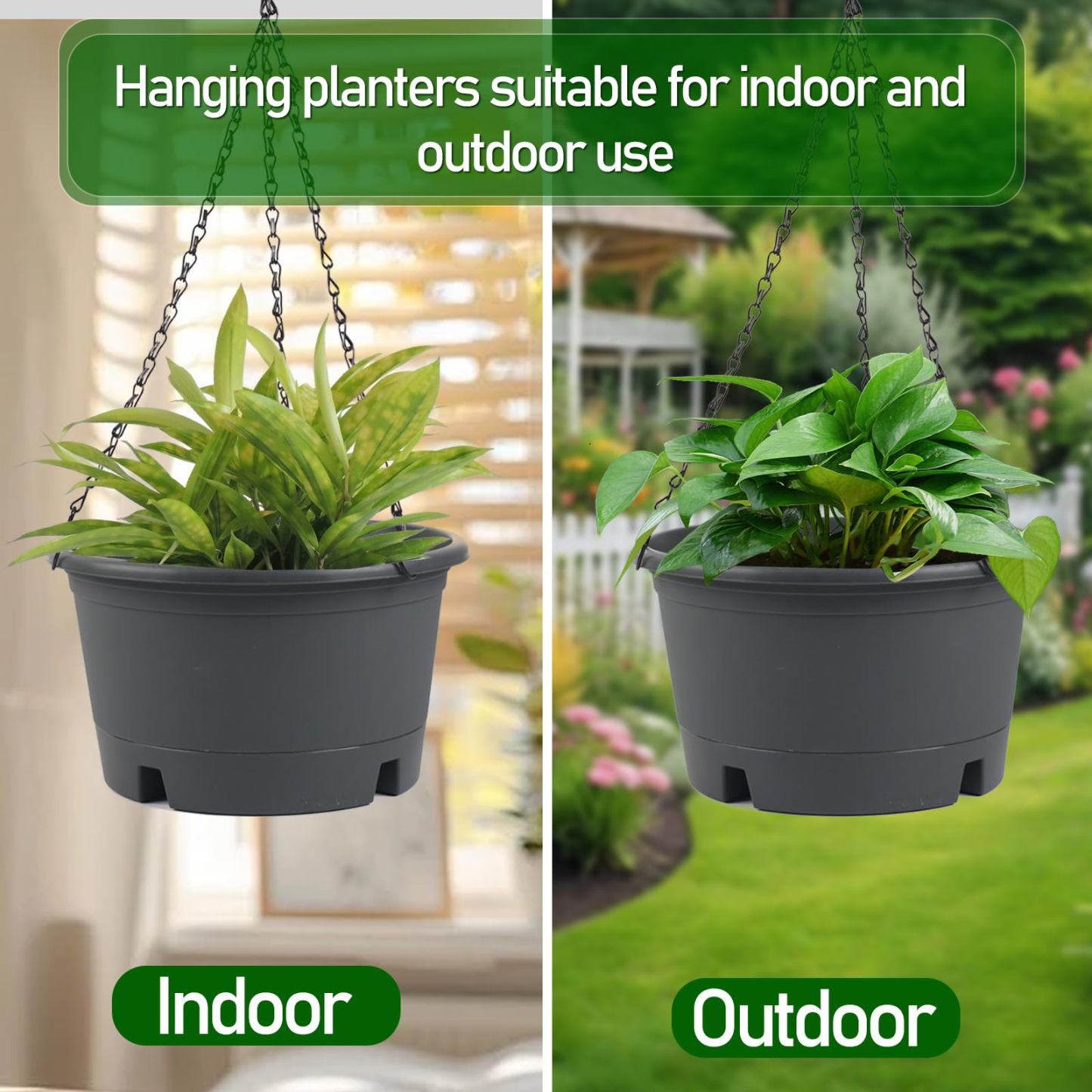4 Pack 10 Inch Hanging Planters, Round Plastic Hanging Baskets with Removable Tray and 15.7 Inch Metal Chain, Indoor Outdoor Hanging Flower Pots for Garden Porch Balcony Patio Decor