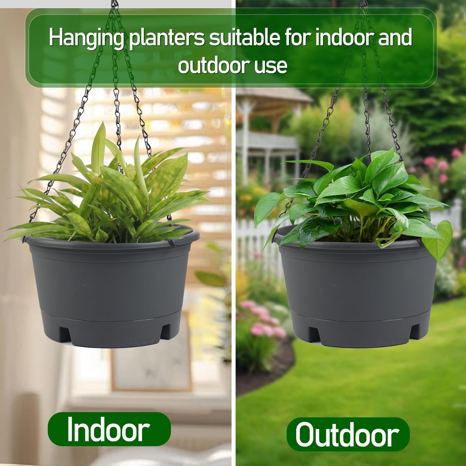 4 Pack 10 Inch Hanging Planters, Round Plastic Hanging Baskets with Removable Tray and 15.7 Inch Metal Chain, Indoor Outdoor Hanging Flower Pots for Garden Porch Balcony Patio Decor