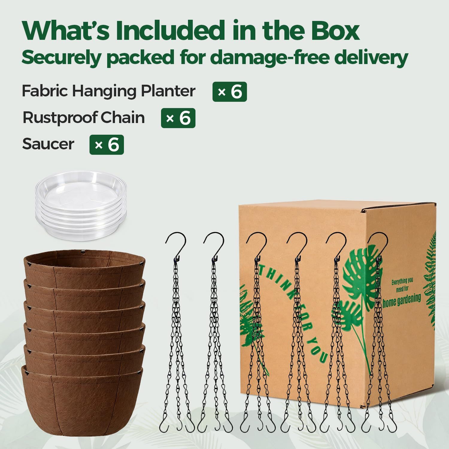 6 Pack 12 Inch Fabric Hanging Planters, Soft Hanging Baskets with Drainage Tray, Breathable Hanging Plant Pots for Outdoor Patio Porch Garden Decor