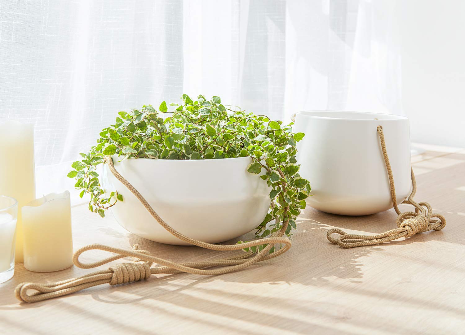 Set of 2 Ceramic Hanging Planters, Modern Geometric Porcelain Hanging Basket, 8 Inch Shallow & 6 Inch Deep Plant Pot with Polyester Rope Hanger for Indoor Outdoor Plants