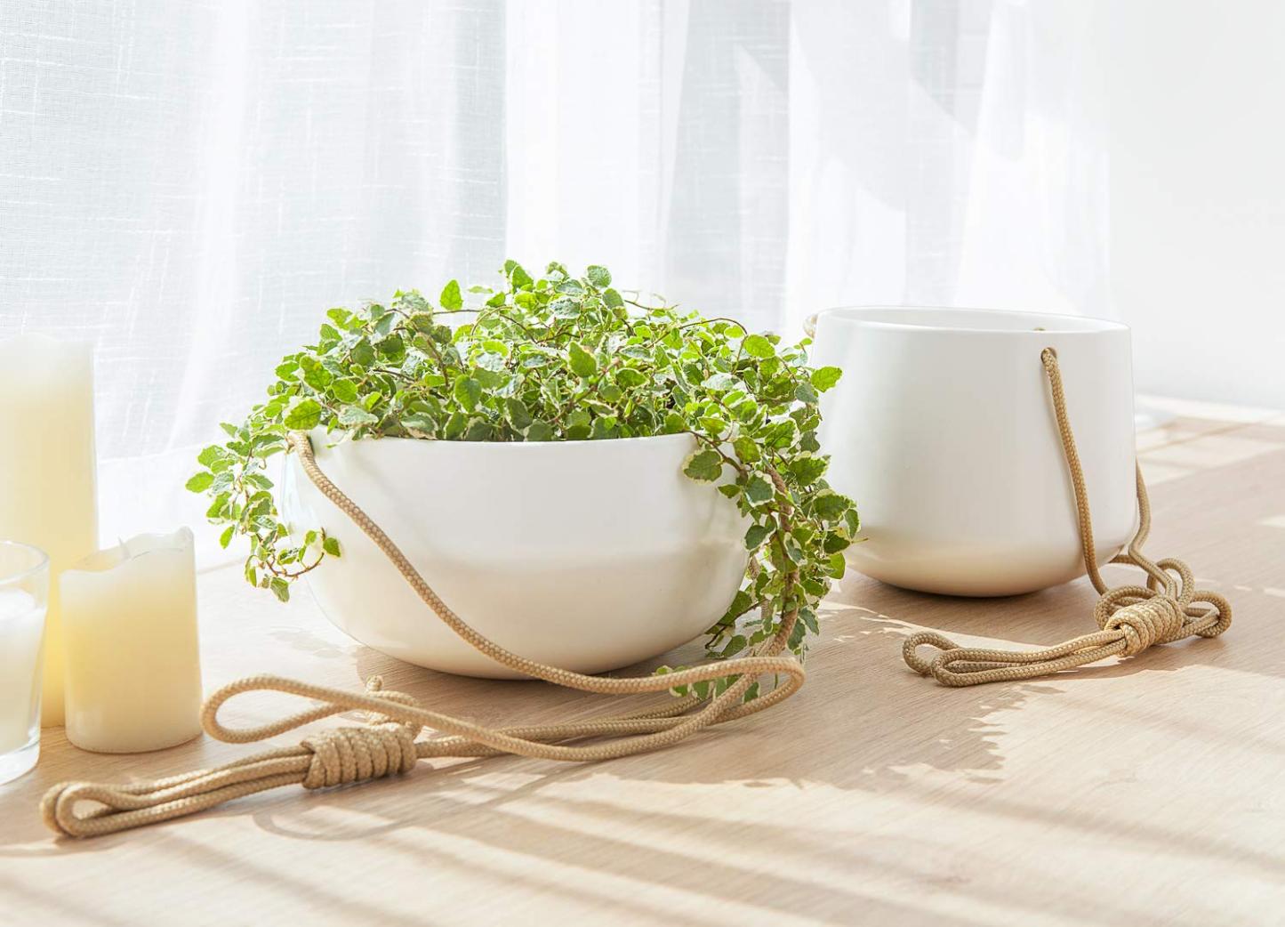 Set of 2 Ceramic Hanging Planters, Modern Geometric Porcelain Hanging Basket, 8 Inch Shallow & 6 Inch Deep Plant Pot with Polyester Rope Hanger for Indoor Outdoor Plants