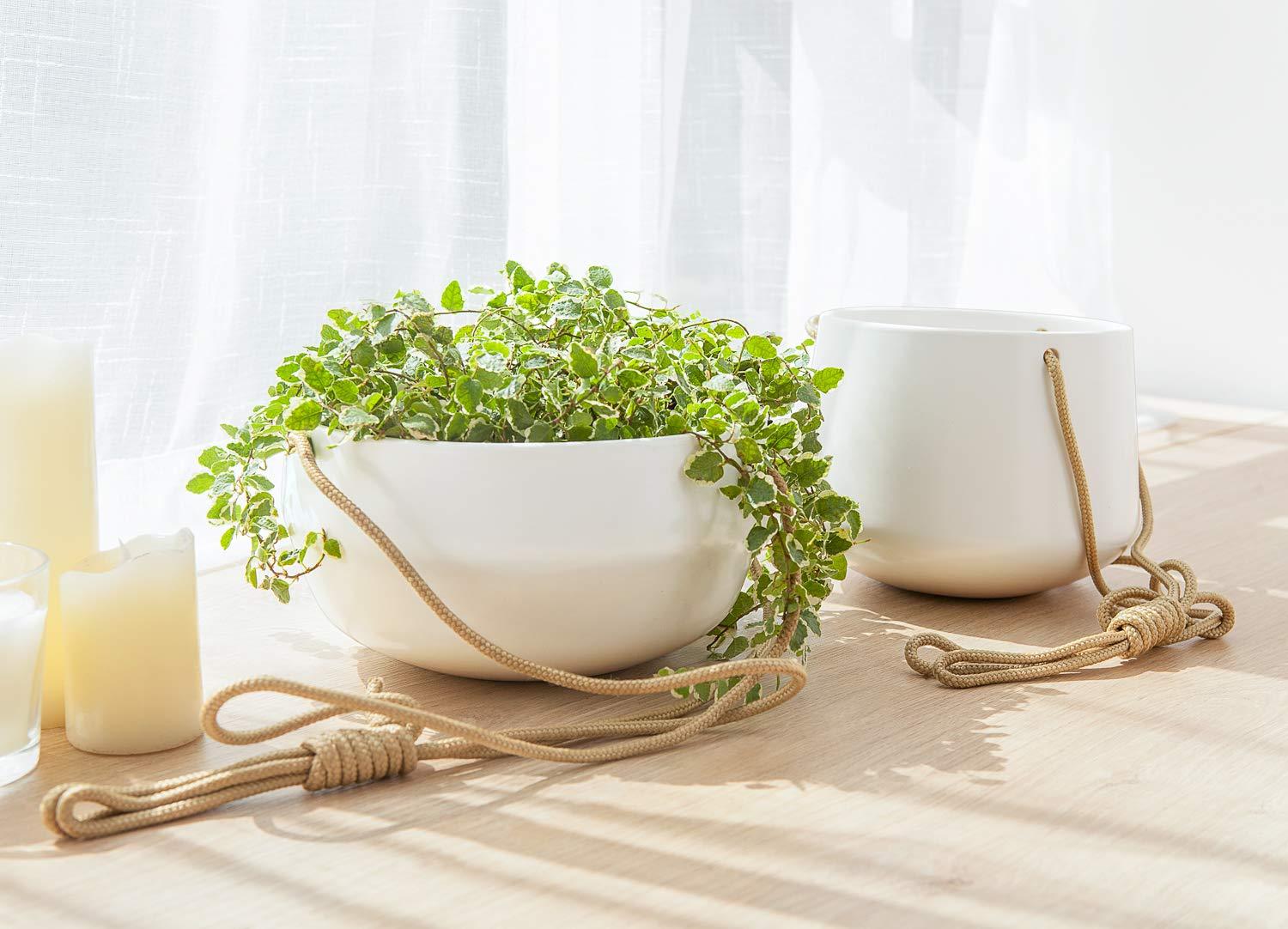 Set of 2 Ceramic Hanging Planters, Modern Geometric Porcelain Hanging Basket, 8 Inch Shallow & 6 Inch Deep Plant Pot with Polyester Rope Hanger for Indoor Outdoor Plants