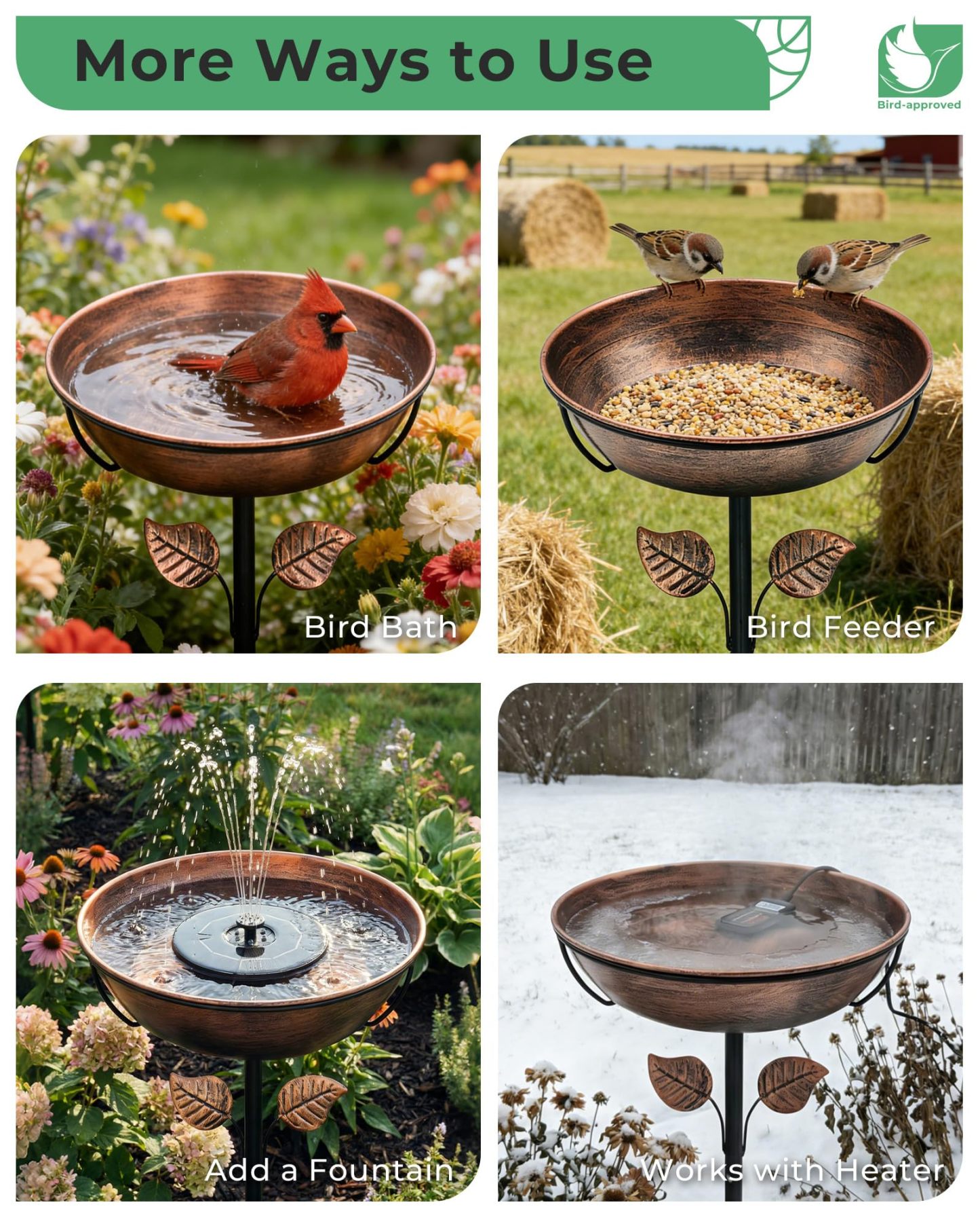 13" Dia 3" Deep Metal Bird Bath for Outdoors, Removable Bowl with Stable Upgrades Stake, 1.4 Gallon Easy Clean Birdbath for Garden Yard Lawn Decoration