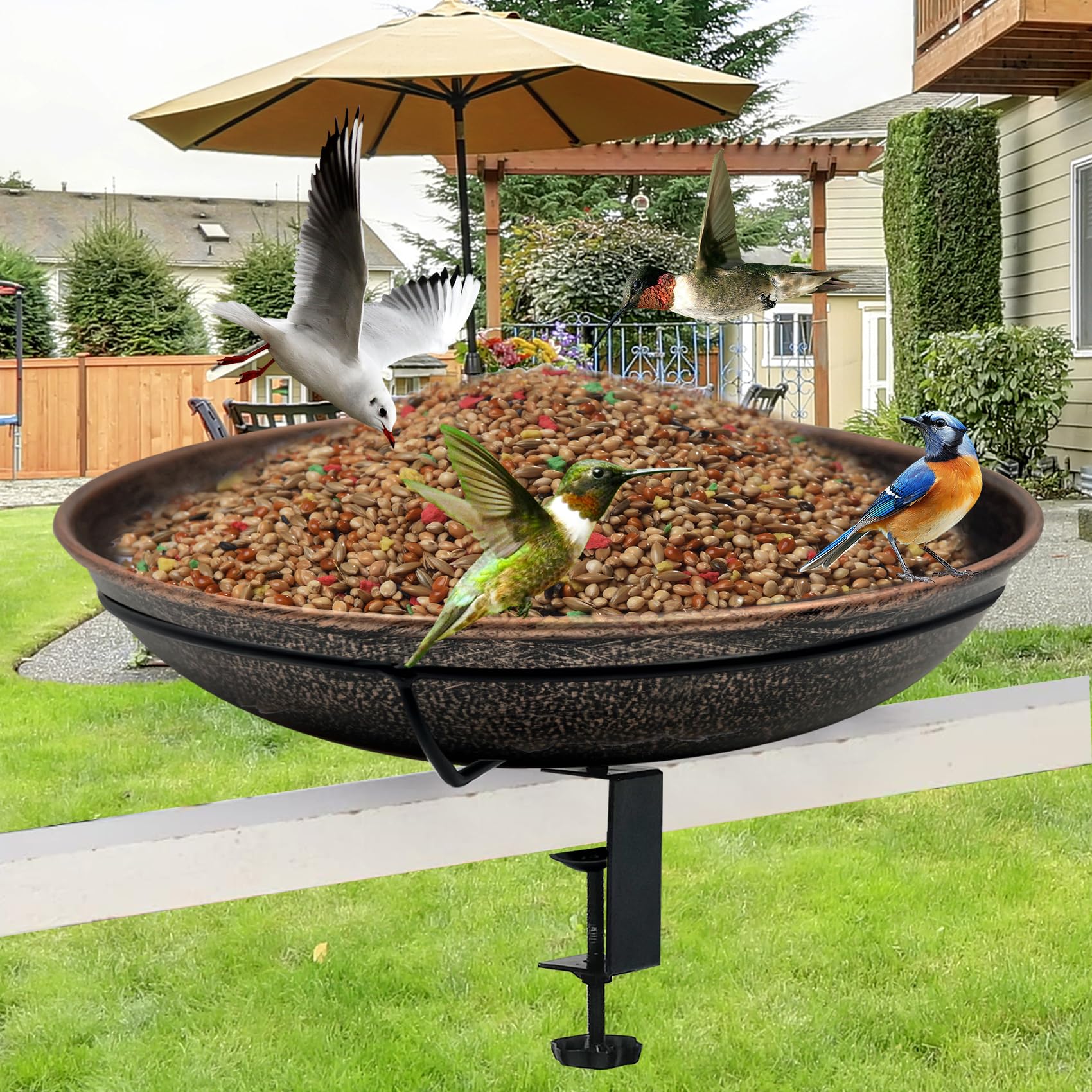 Deck Mounted Metal Bird Bath, 12" Detachable Easy Clean Bowl 0.7 Gallon, Adjustable Sturdy Clamp Birdbath for Railing Balcony Fence Outdoor Decor