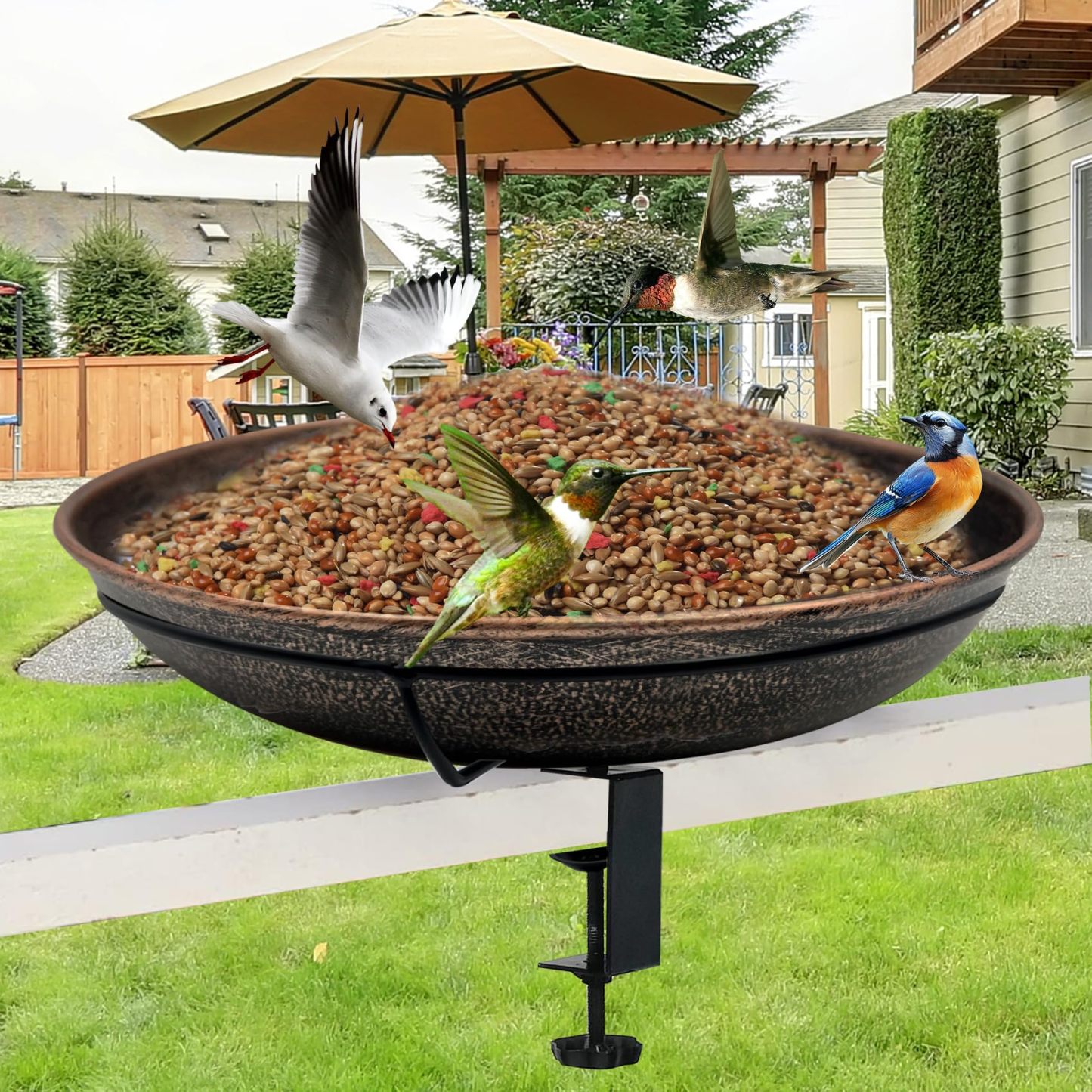 Deck Mounted Metal Bird Bath, 12" Detachable Easy Clean Bowl 0.7 Gallon, Adjustable Sturdy Clamp Birdbath for Railing Balcony Fence Outdoor Decor