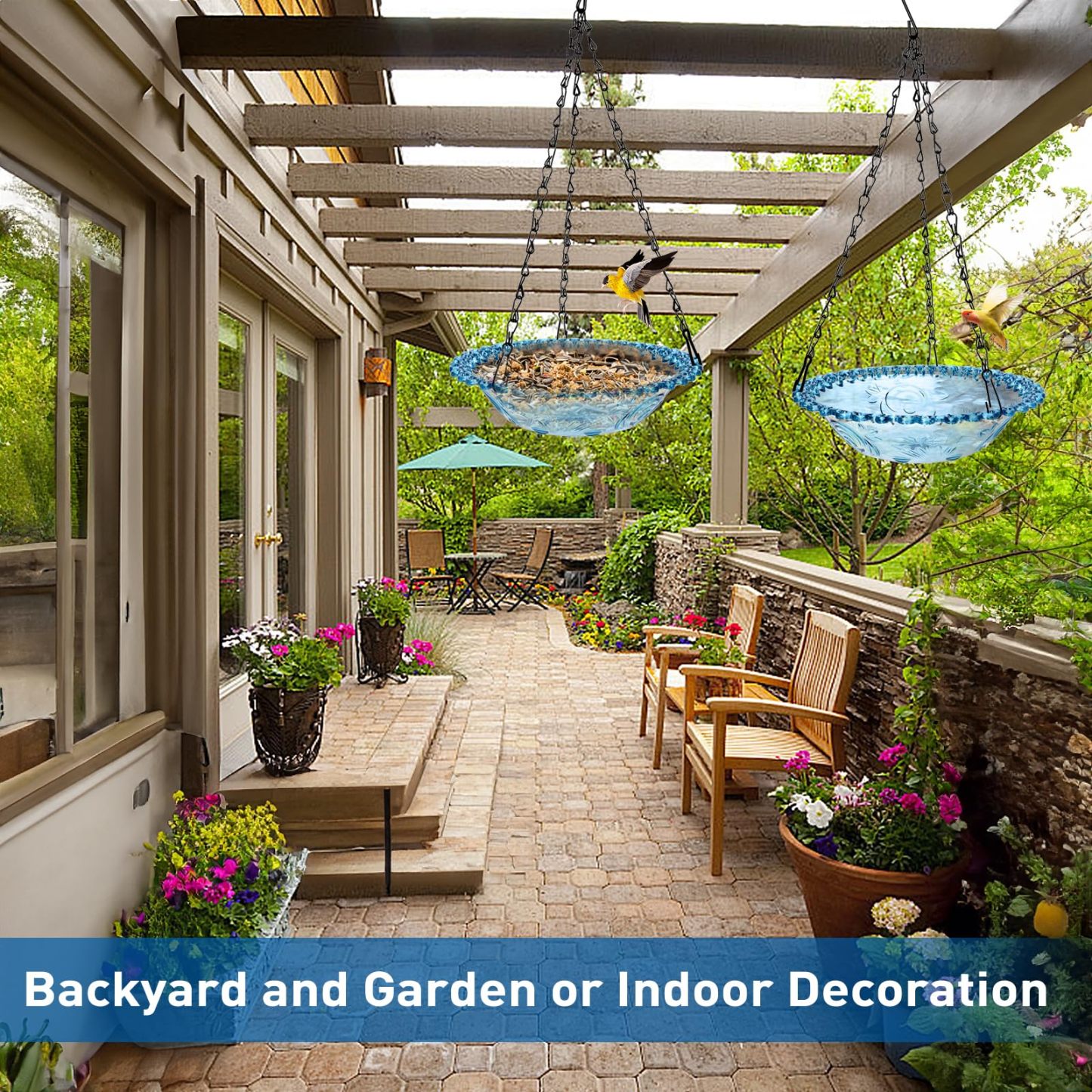 2 Pack Hanging Bird Baths, Blue Plastic Hanging Bird Feeders for Outdoors, Hanging Bird Water Bowl for Garden Yard Decor