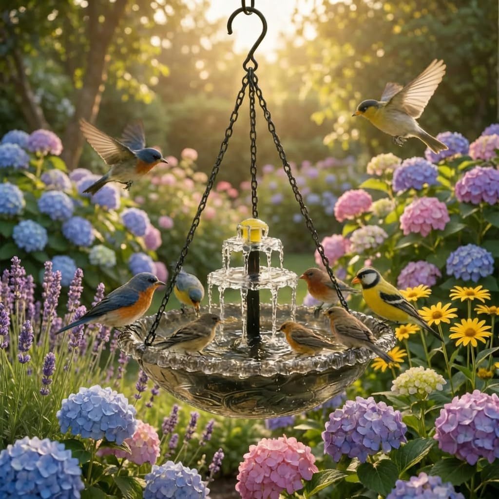 Upgrade 3-Layer Hanging Solar Bird Bath Fountain, Solar Powered Cascading Water Fountain, Outdoor Hummingbird Bath for Garden Yard Patio Backyard Lawn Decor
