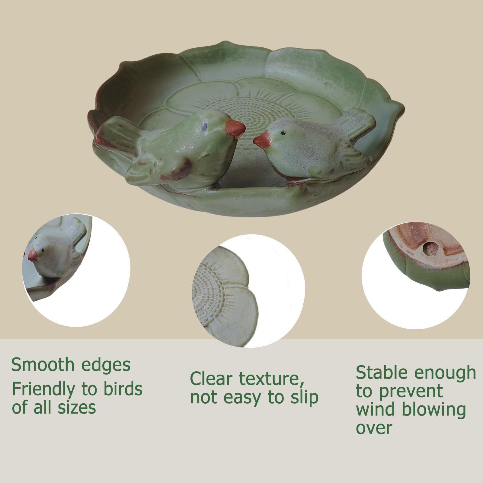 9.45 Inch Ceramic Bird Bath Bowl, Ground Mount Outdoor Bird Bath Feeder for Garden, Tabletop, Deck, Balcony & Lawn