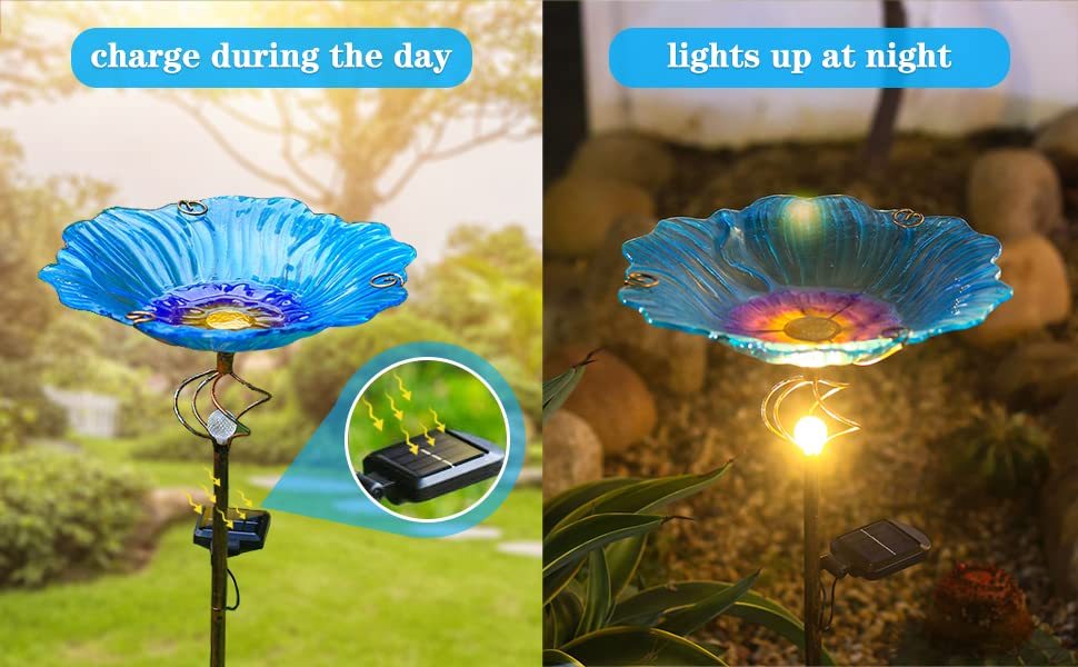 Solar Glass Blue Bird Bath with White LED Light, Metal Stake Yard Art Decor, Outdoor Garden Birdbath Decoration Gift