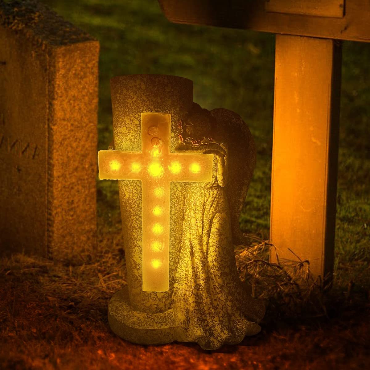 Angel Garden Statue with Solar Cross Lights