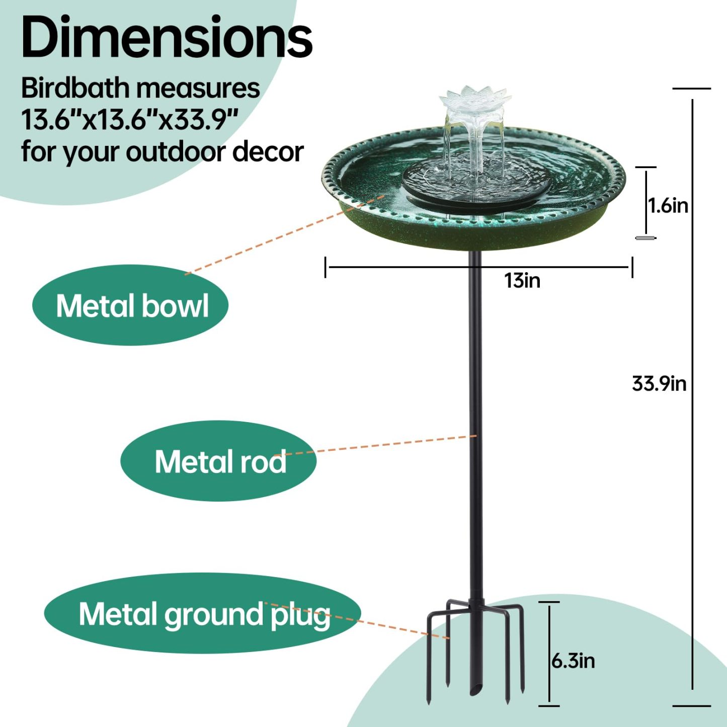 Solar Powered Bird Bath Fountain for Hummingbirds, Plastic Outdoor Birdbath with 5-Prong Base Stake, Stylish Stable Design for Lawn Patio Yard Garden