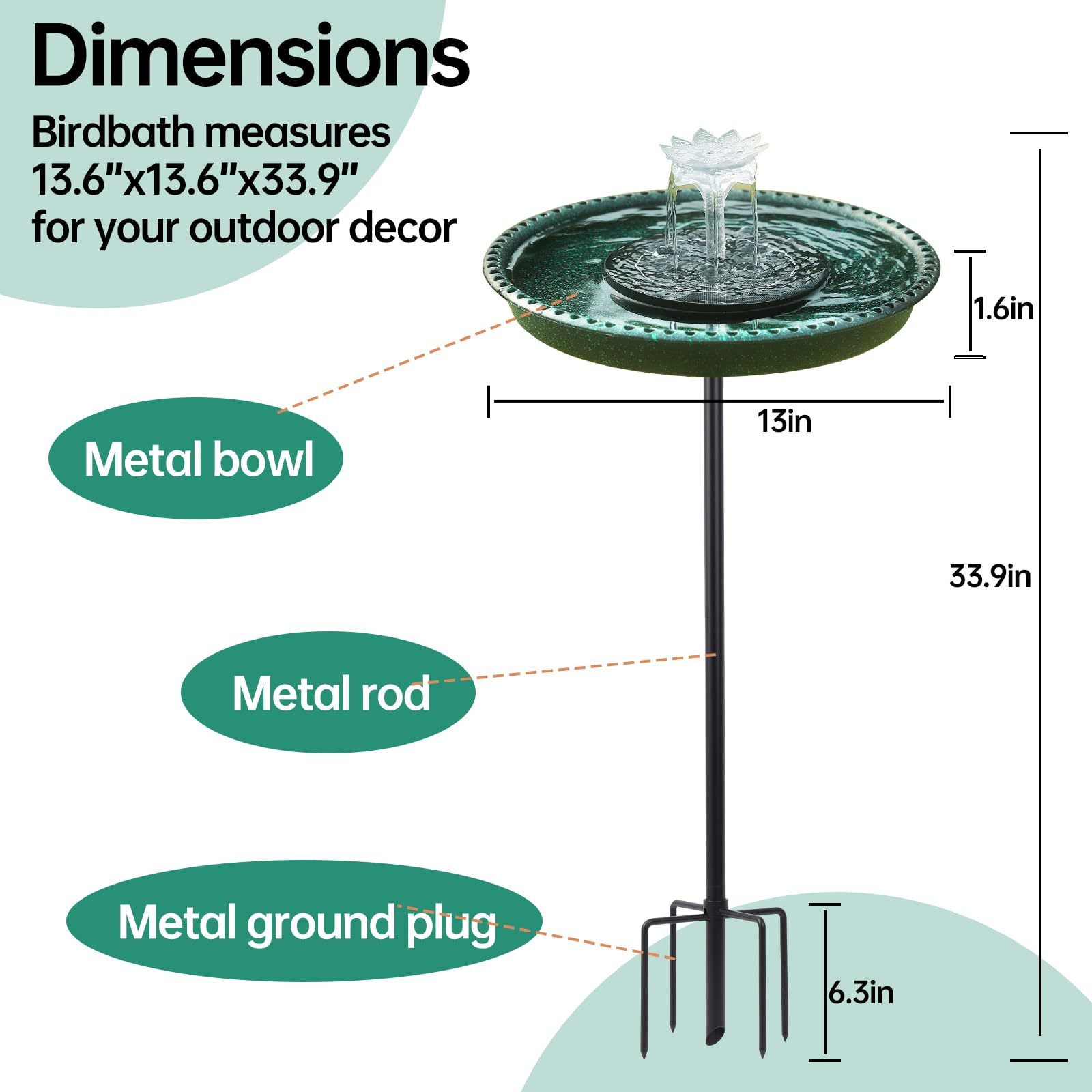 Solar Powered Bird Bath Fountain for Hummingbirds, Plastic Outdoor Birdbath with 5-Prong Base Stake, Stylish Stable Design for Lawn Patio Yard Garden