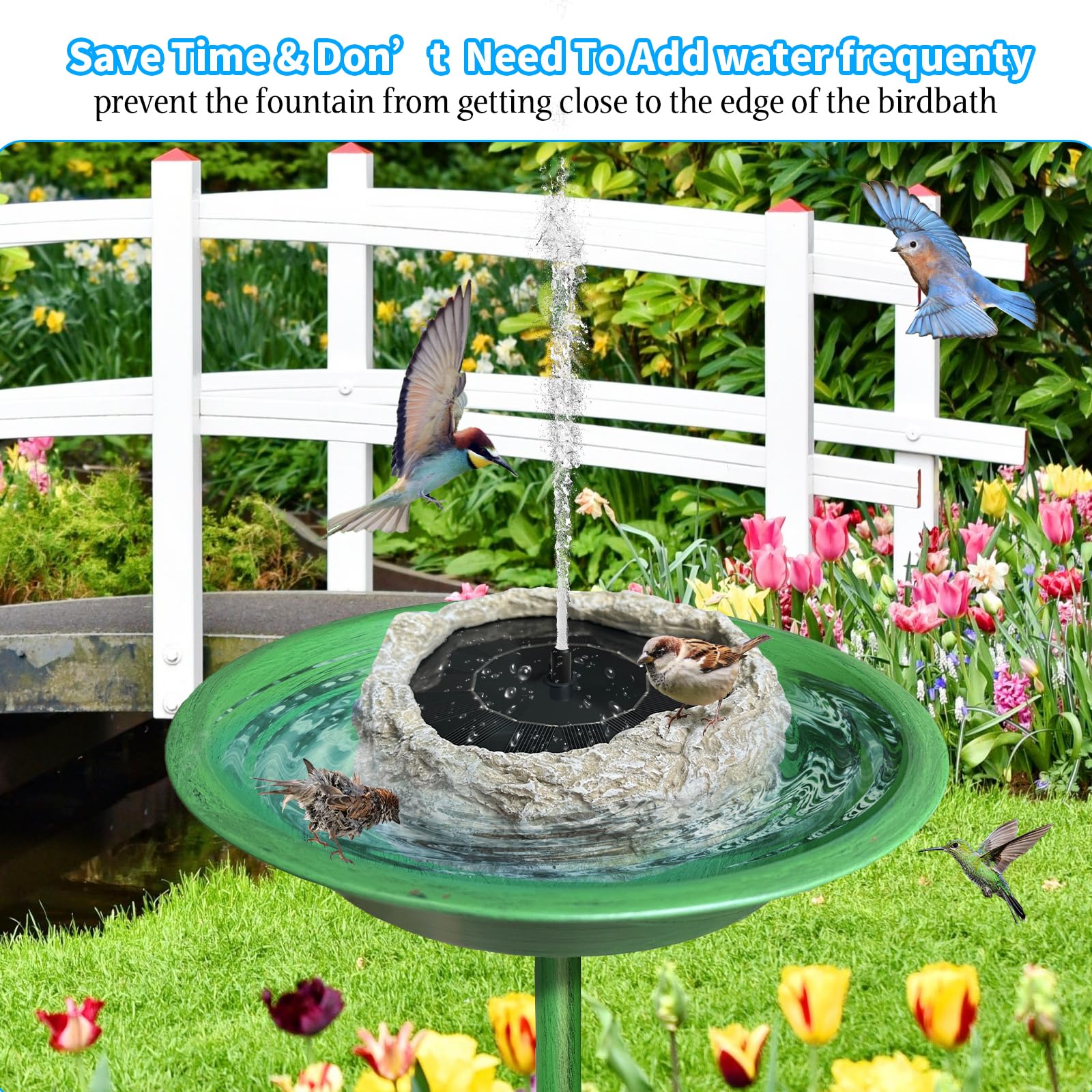 Resin Granite Rock Solar Fountain Pump for Bird Bath, Solar Panel Water Fountain with 5 Nozzles, Outdoor for Hummingbird Birdbath Fish Tank Pond