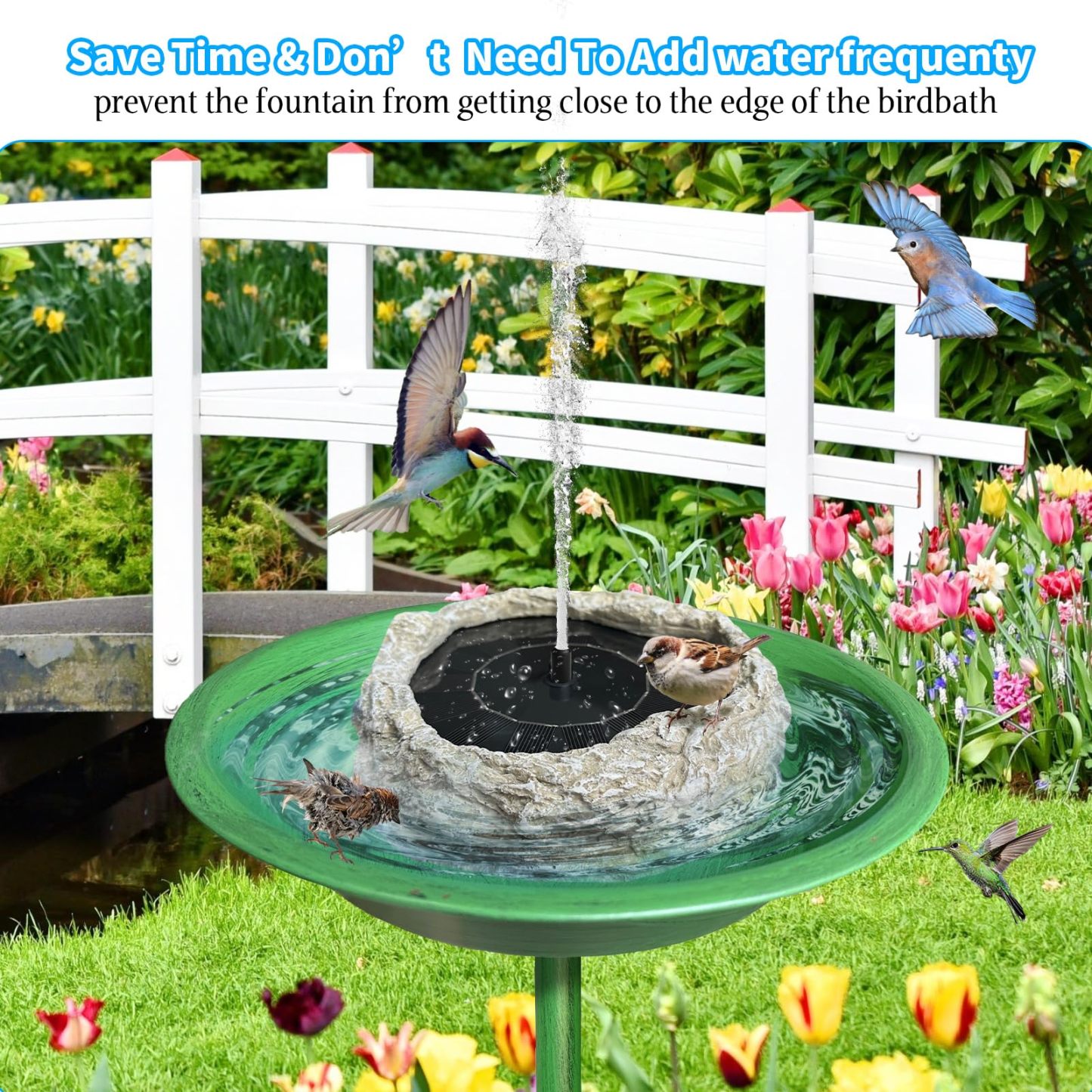 Resin Granite Rock Solar Fountain Pump for Bird Bath, Solar Panel Water Fountain with 5 Nozzles, Outdoor for Hummingbird Birdbath Fish Tank Pond