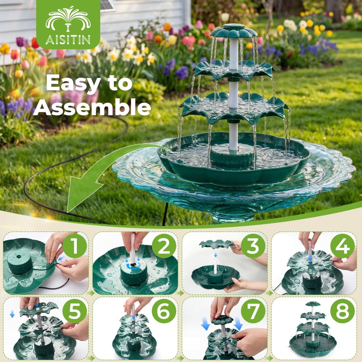 6.5W Solar Bird Bath Fountain, 3-Tiered Waterfall with 9 Water Streams, Detachable Solar Pump Resin Garden Bird Feeder Decor for Outdoor Yard Lawn