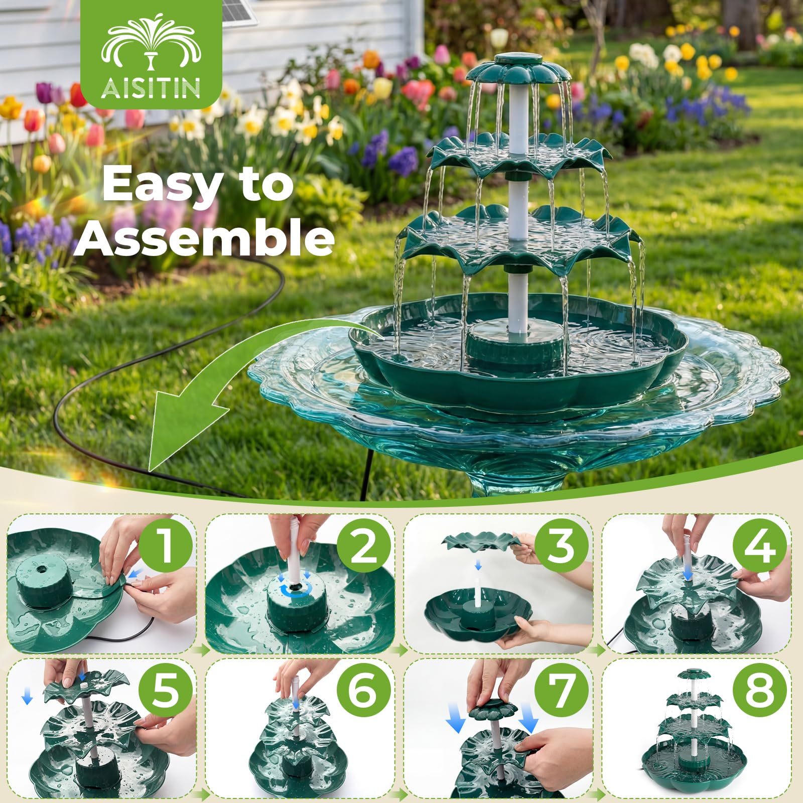 6.5W Solar Bird Bath Fountain, 3-Tiered Waterfall with 9 Water Streams, Detachable Solar Pump Resin Garden Bird Feeder Decor for Outdoor Yard Lawn