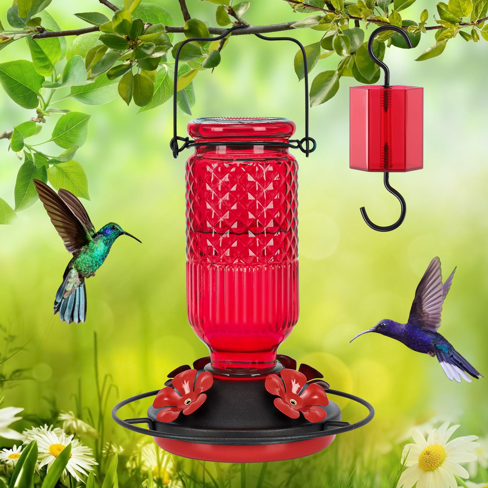 16oz Glass Hummingbird Feeder, Hanging Bird Feeder with Ant Moat, 4 Bee-Proof Feeding Ports & 360° Perch, Leak-Proof Red Design for Outdoor Garden