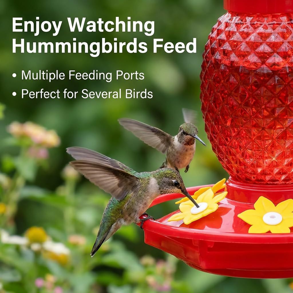 2 Pack Red Pineapple Glass Hummingbird Feeders, 16oz Hanging Outdoor Bird Feeder, 6 Feeding Ports 360° Perch, Bee & Ant Proof Leakproof Easy Clean, Perfect Gifts for Mom