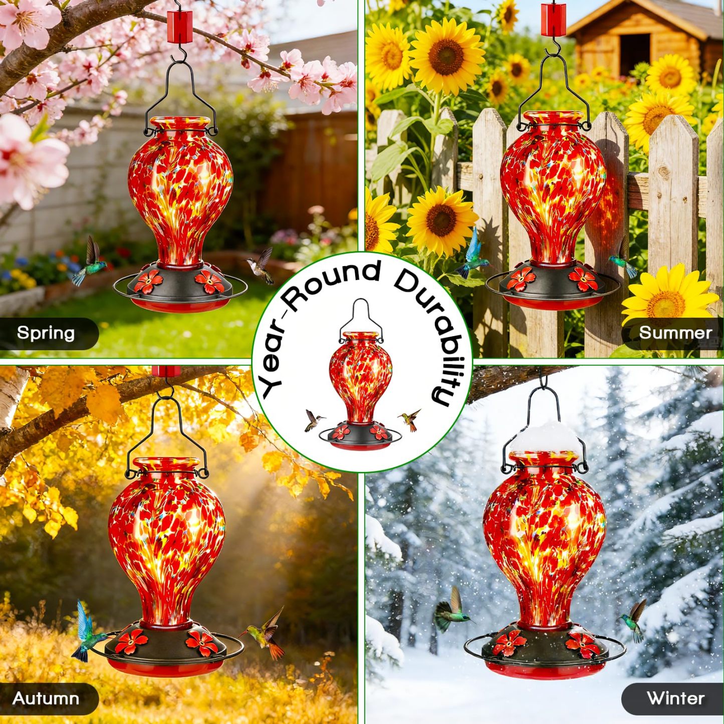 Hand Blown Glass Hummingbird Feeder, 24oz Hanging Wild Bird Feeder with Ant Moat Perch, Bee Resistant Ports, Red Polka Dots Garden Decor Gift for Mom Women