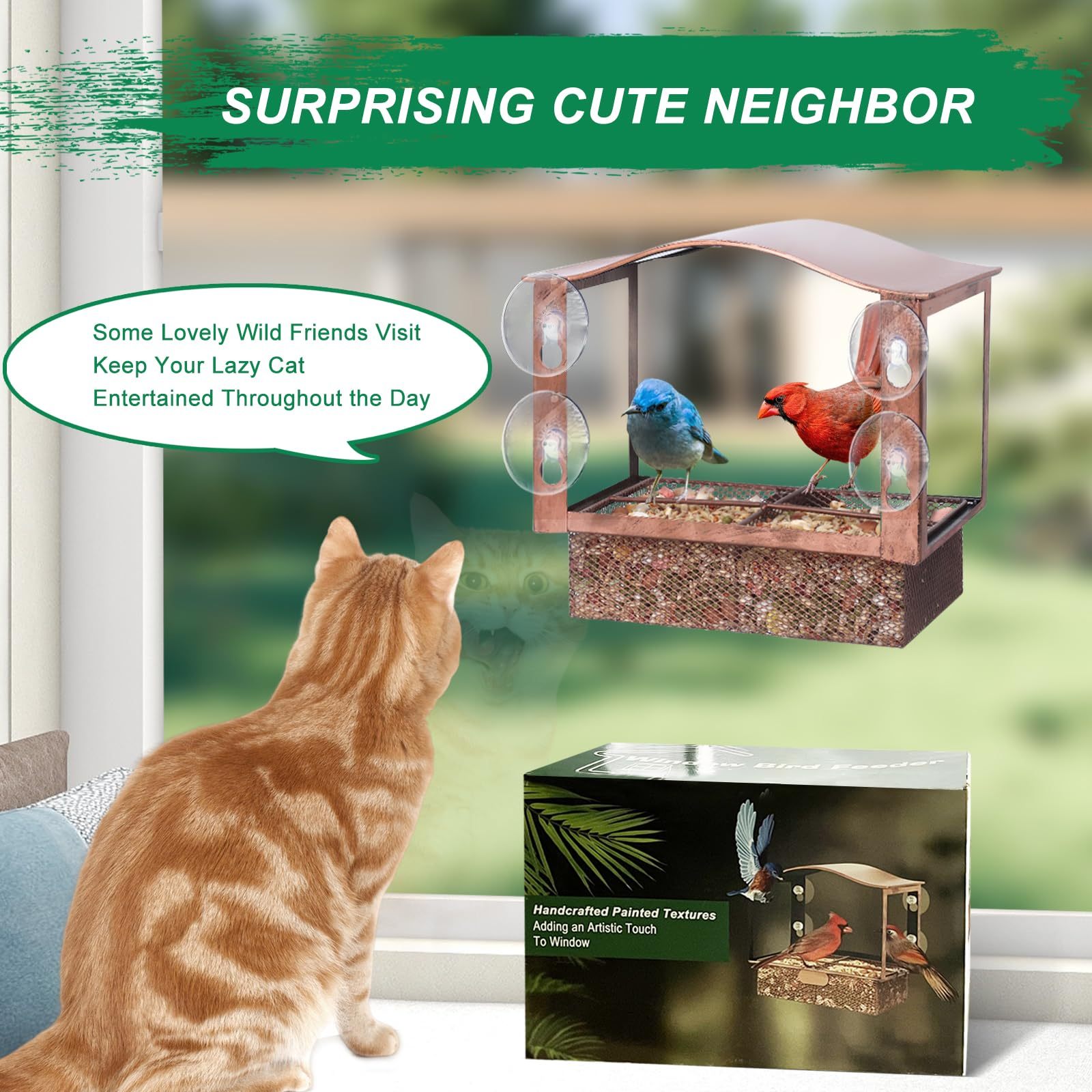 Window Mount Metal Bird Feeder with Wide View, Strong Suction Cups Outdoor Wild Bird Feeder for Bird Watching & Gifts