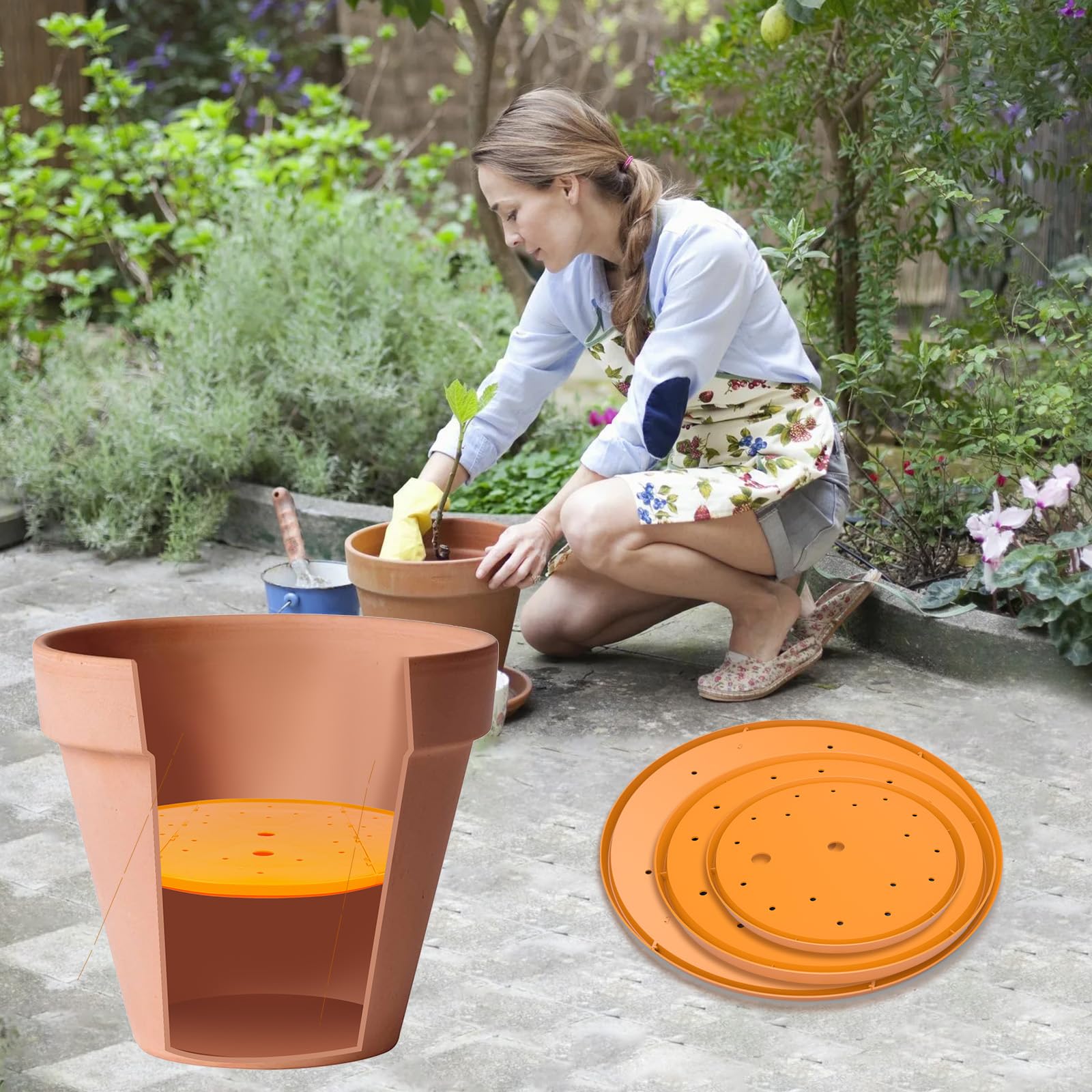 2Pcs 13 Inch Orange Round Planter Insert, Plastic Pot Bottom Drainage Tray with Holes, Soil Saving Insert Divider for Tall Flower Plant Pots