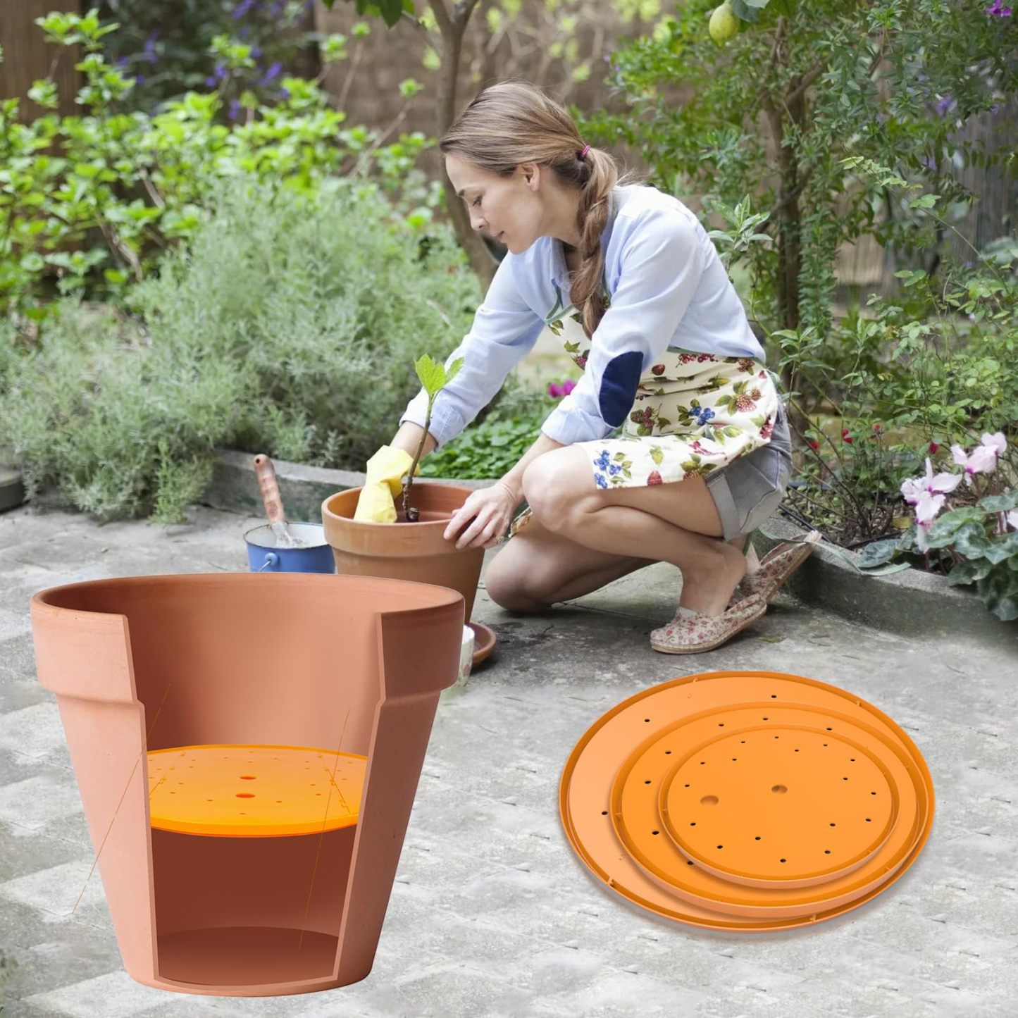 2Pcs 13 Inch Orange Round Planter Insert, Plastic Pot Bottom Drainage Tray with Holes, Soil Saving Insert Divider for Tall Flower Plant Pots