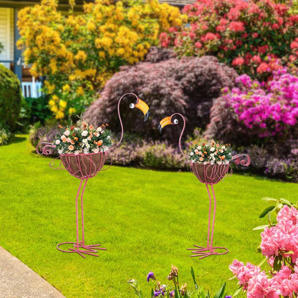 Set of 2 Pink Flamingo Planters with Basket, Metal Standing Flower Pots, Outdoor Yard Art Decor for Home Garden Porch Lawn Patio Pool