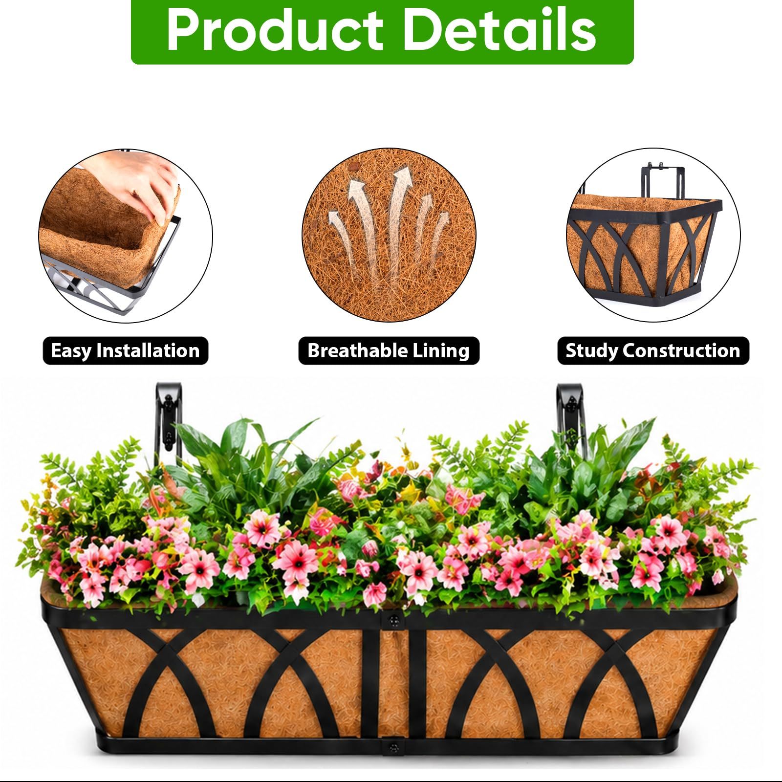 3 Pack 24 Inch Hanging Railing Planter Boxes, Outdoor Window Planters for Deck Balcony Fence Garden