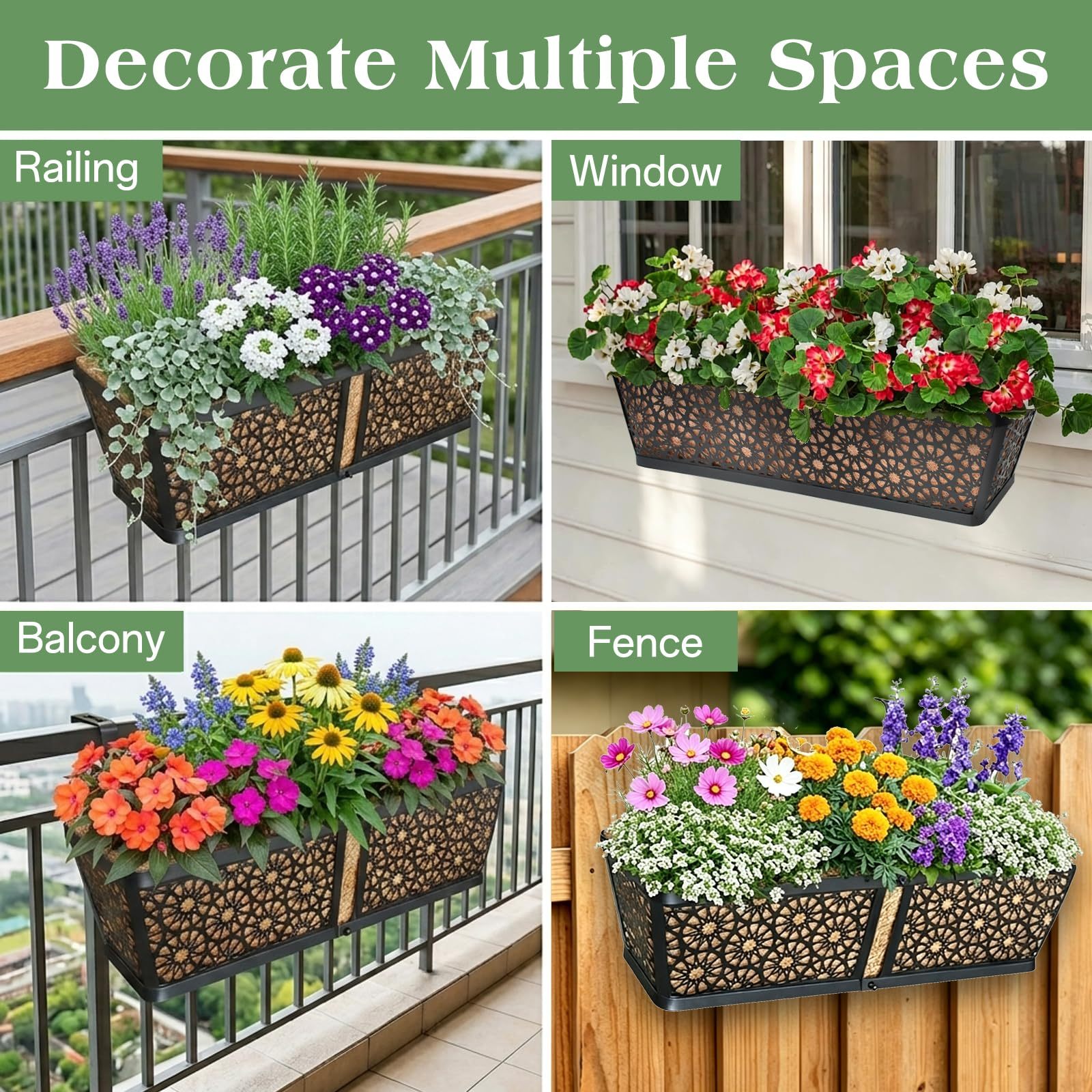 2 Pack 24 Inch Hanging Railing Planter Boxes, Window Flower Planters with Coco Liner & Adjustable Brackets for Outdoor Balcony Deck Fence
