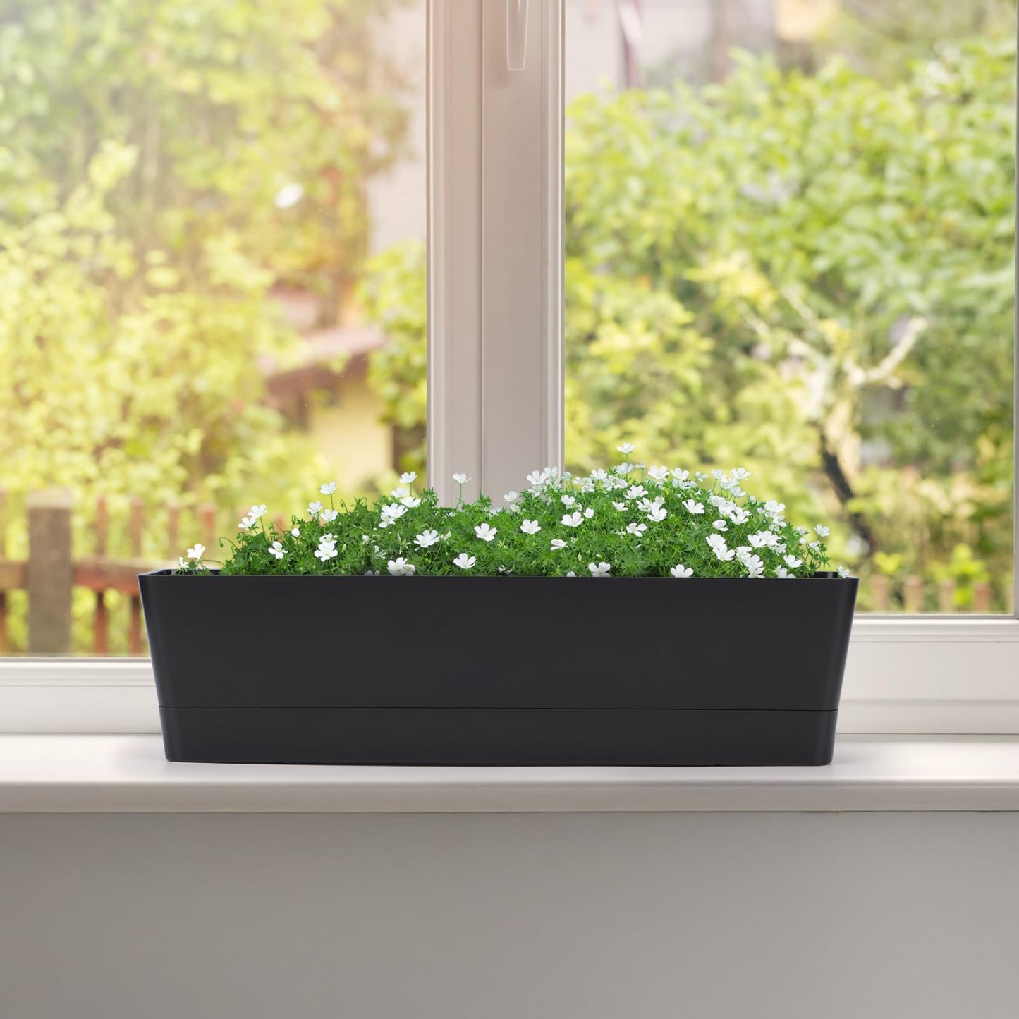 3 Pack 16x3.8 Inch Black Rectangular Plastic Planter Boxes, Flower Herb Succulent Pots with Drainage Holes & Tray for Indoor Outdoor Balcony Garden Windowsill